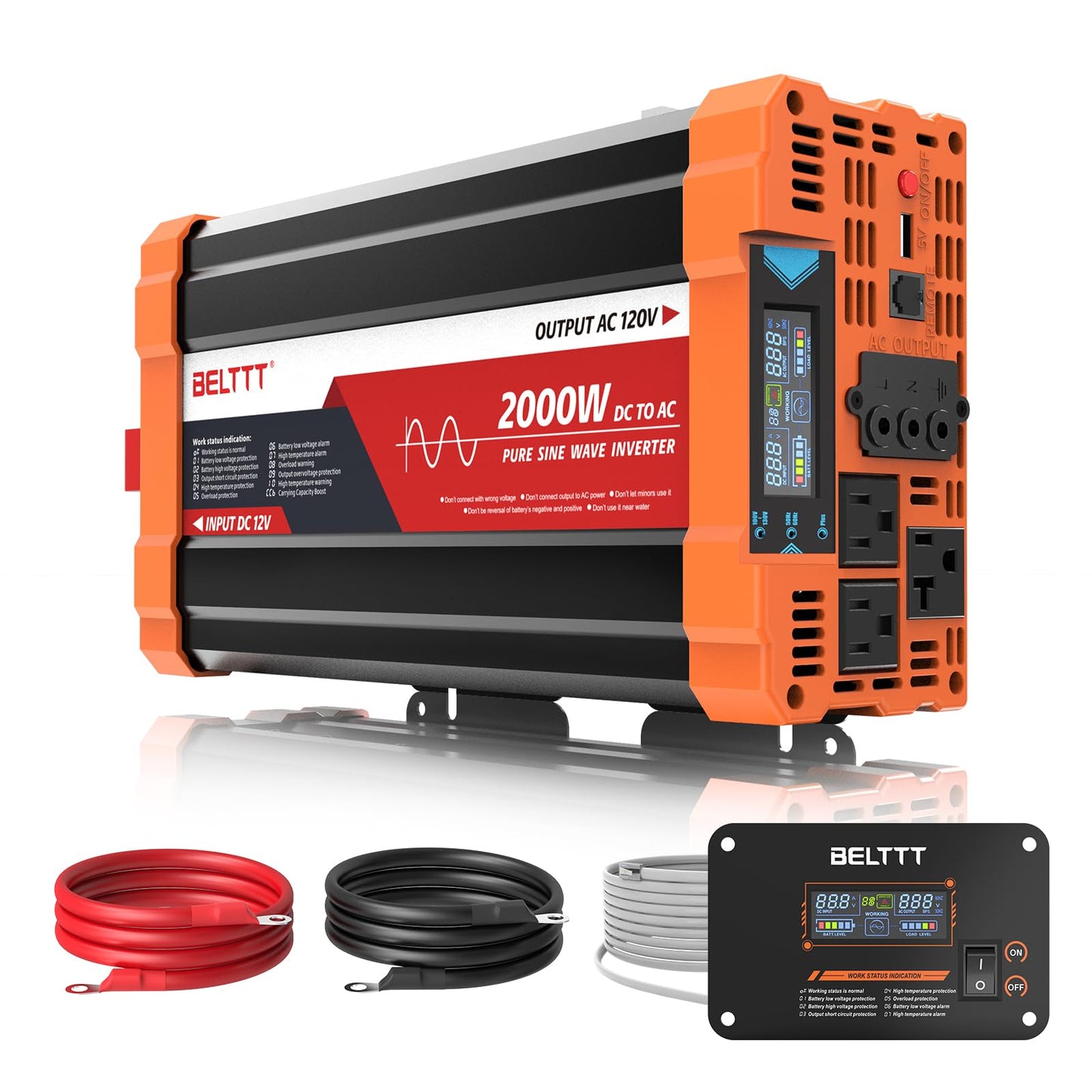 BELTTT 2000W Pure Sine Wave Inverter, Inverter 12V DC to 120V AC for Solar, RV, Truck, Outdoor, Power Inverter with Dual AC and 20A Socket, 5V 2.1A USB, Surge 4000W, Hardwire Port, Remote Controller
