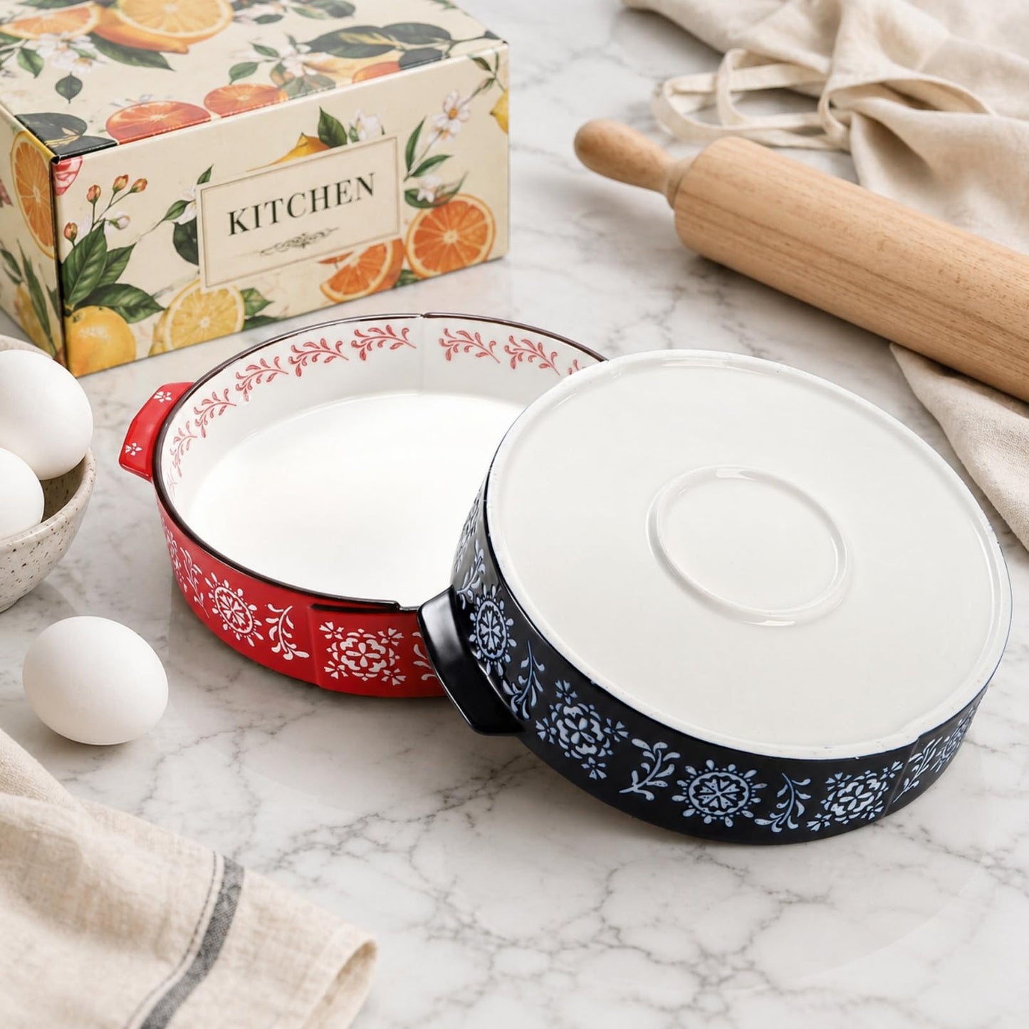 Covzoe 2 Pack Ceramic Baking Dish, 9 Inch Non-Stick Pie Pan with Double Handle, 44 Oz Deep Round Pie Plate Bakeware for Apple Pies, Quiche, Thanksgiving, Housewarming Gift