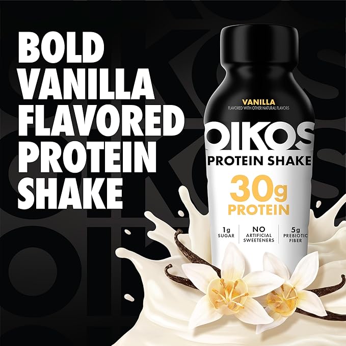 Oikos Protein Shake, Vanilla, 30g High Protein Drinks, Shelf Stable, Ready to Drink, 5g Prebiotic Fiber, 12 fl oz Bottle, 4 Count