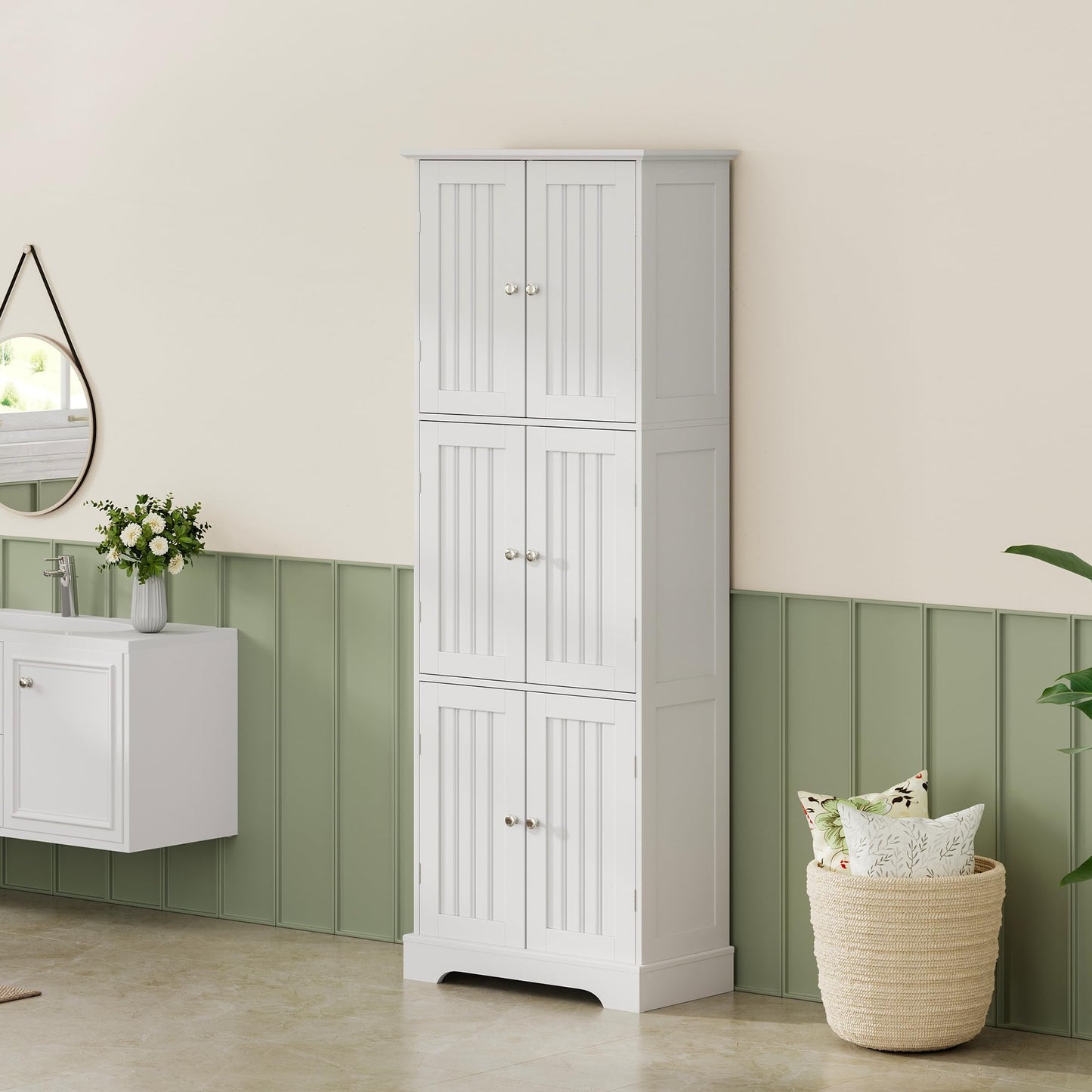ChooChoo Tall Bathroom Storage Cabinet with 6 Doors, Freestanding Floor Cabinet with Adjustable Shelves, White Pantry Cabinet for Bathroom, Kitchen, Laundry Room