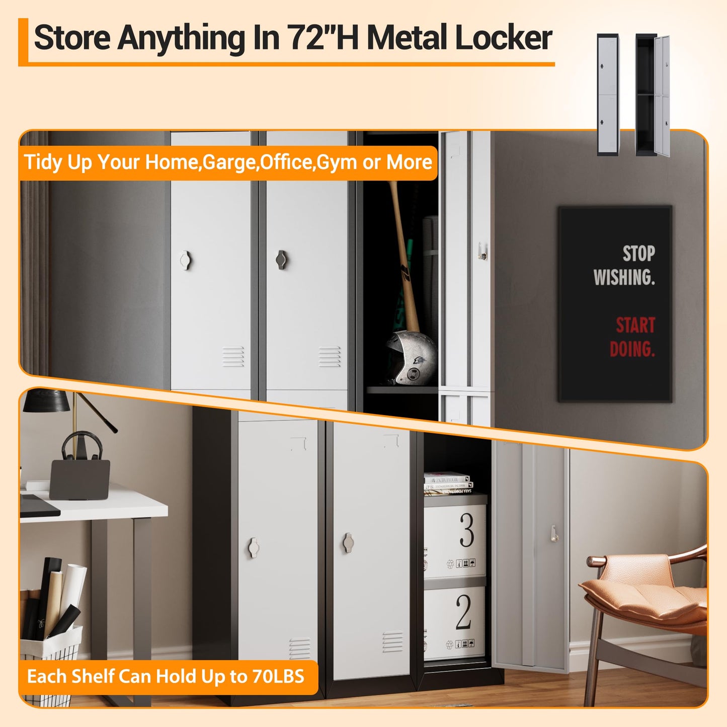 ExploreHorizon 72" Tall Metal Locker Cabinet with Lockable Doors & Keys, Employee Storage Organizer for School, Gym, Office, Home, Garage, Mudroom, Durable Steel Cabinet, Black - 2 Doors