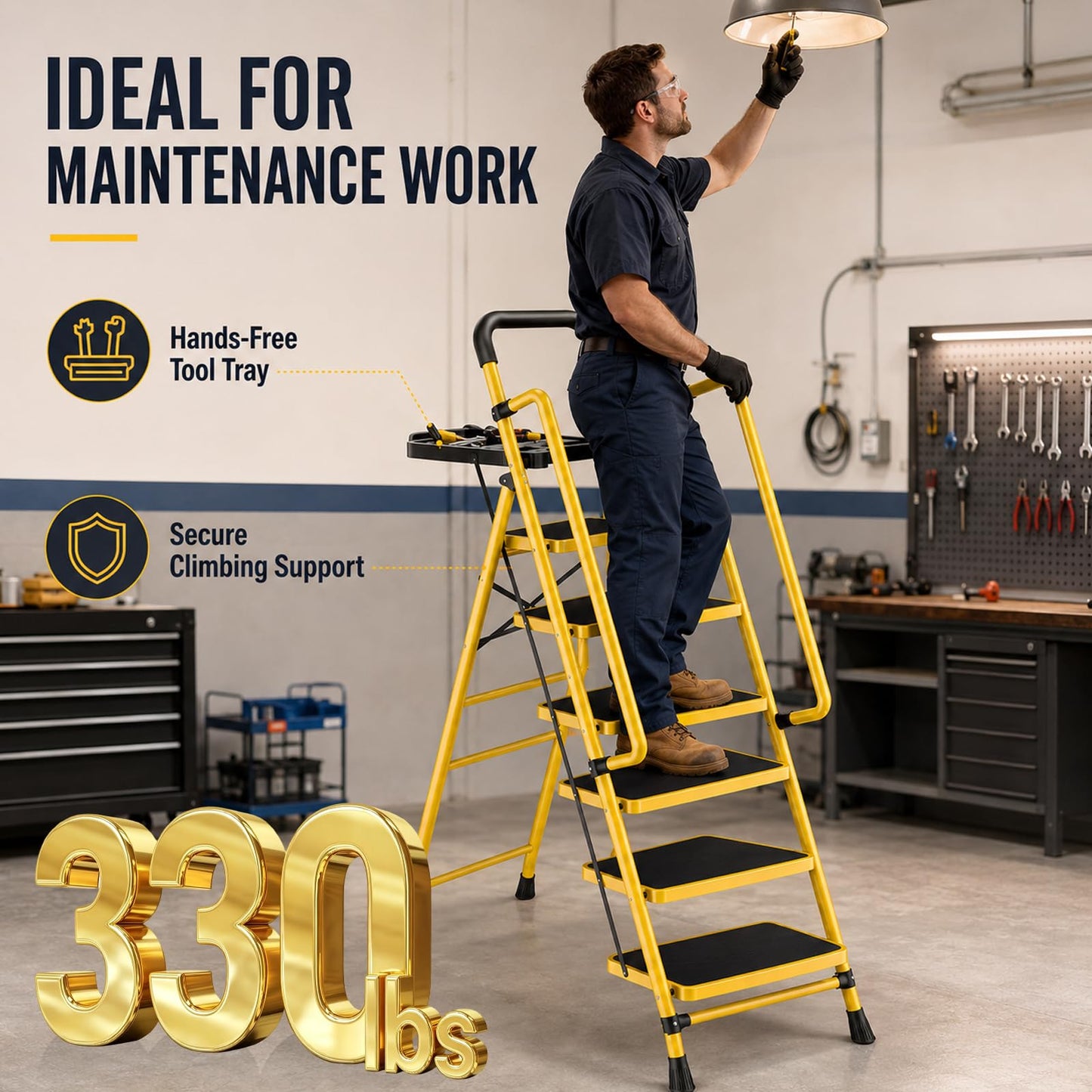 6 Step Ladder with Platform, 330 Lbs Load Heavy Steel Duty Step Ladders, Portable Safety Step Stool with Pedals, Handrail, for Multi-Purpose, Home, Kitchen