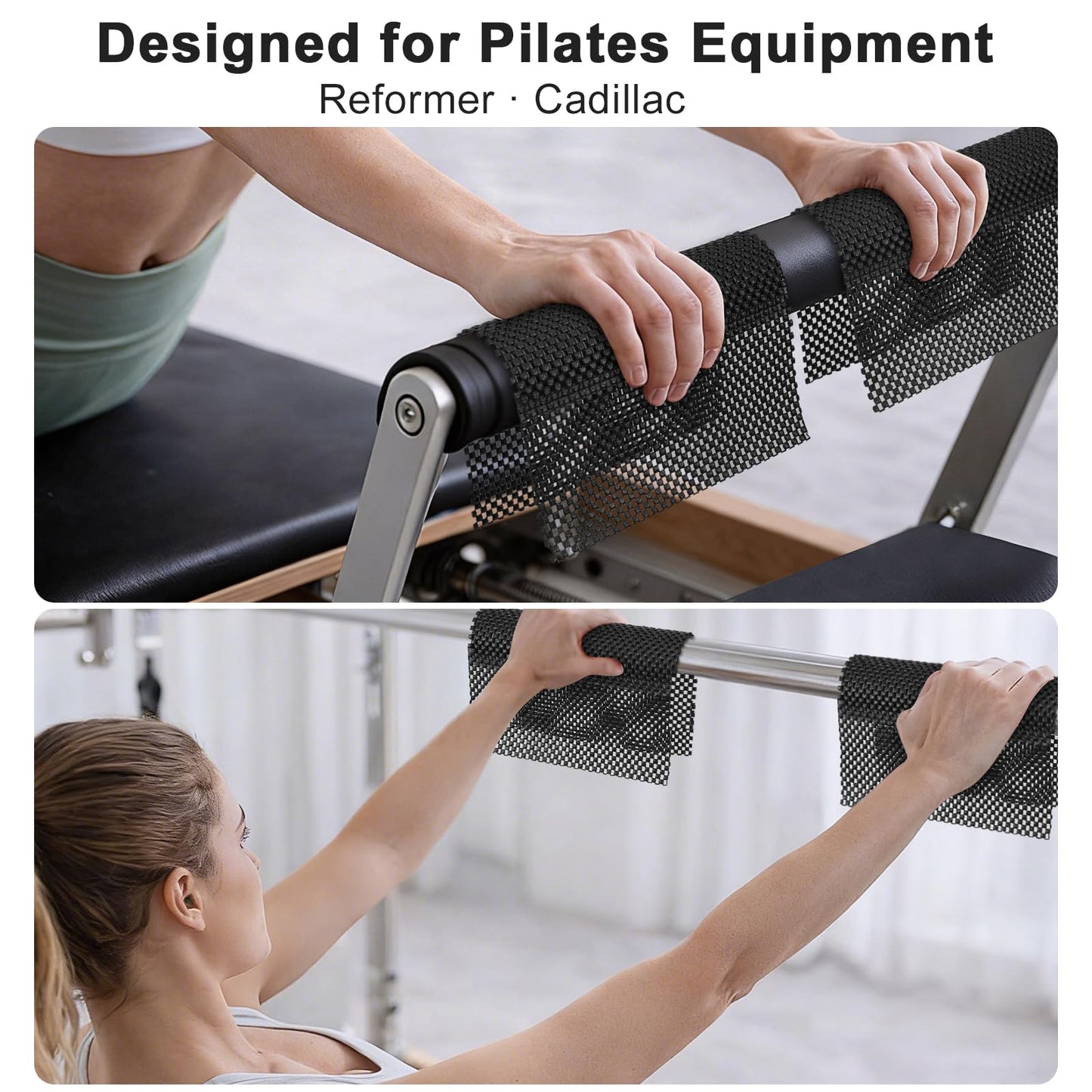 Pilates Grip Pads 4-Pack, Non-Slip Hand Grip Mat for Pilates Reformer, Cadillac Bed, Barre, Pull-Up Bar, Free Weights & Gym Equipment (Black & Pink)