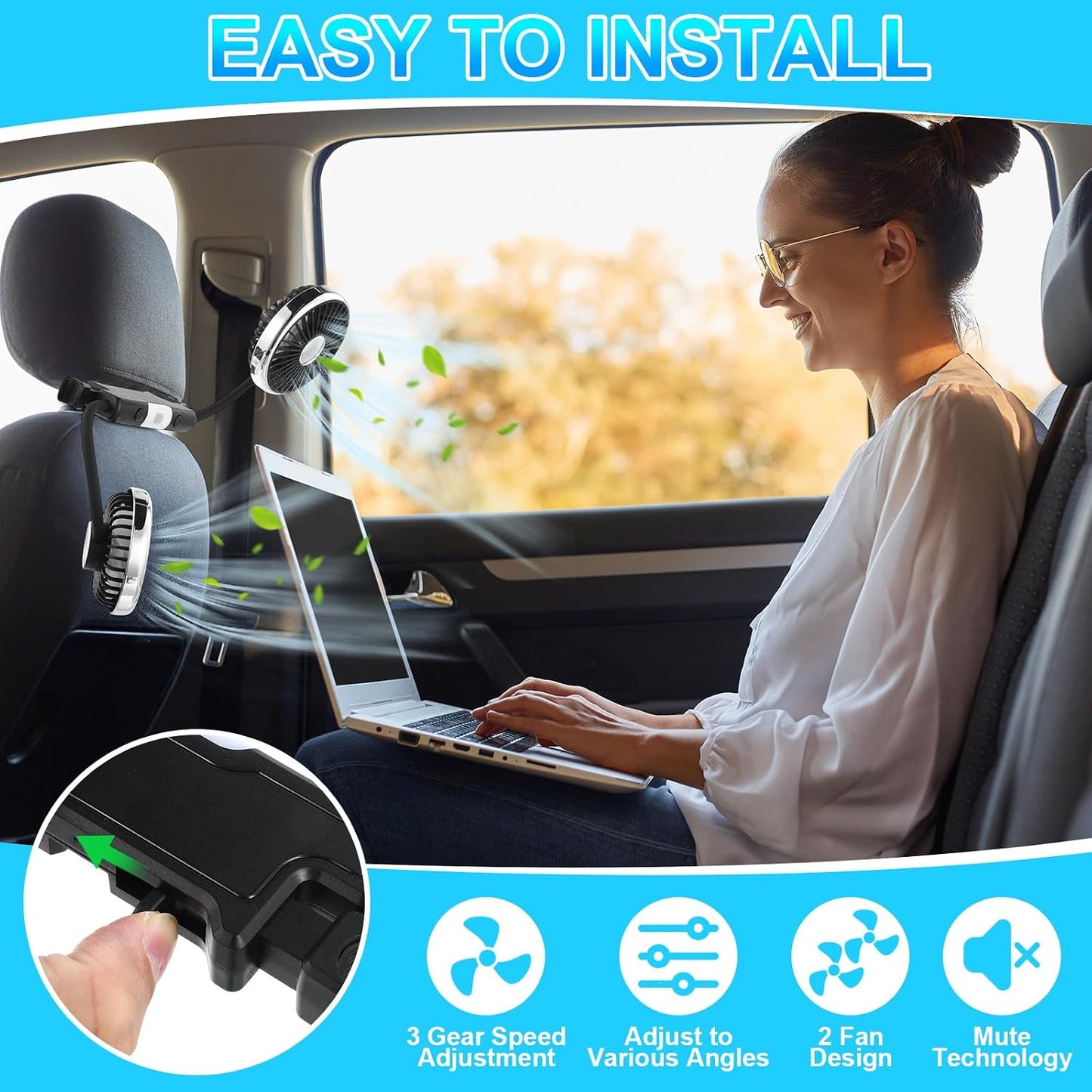 2 360 DaisyInner Pcs Car Fan for Backseat Dual Backseat Cooling Degree Rotatable Seat Fans with LED Light USB Car Rear