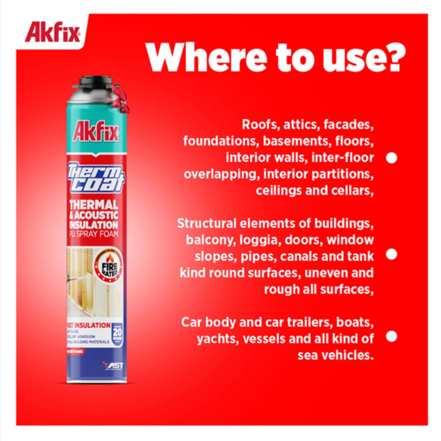 Akfix Thermcoat Fire Rated Spray Foam Insulation Kit 240 sq ft (12x27.1 oz.) - (R-Value 11.32/2 in) Closed Cell Expanding Wide Sealant Thermal Insulation for Walls and Attic - Gun & Cleaner Included
