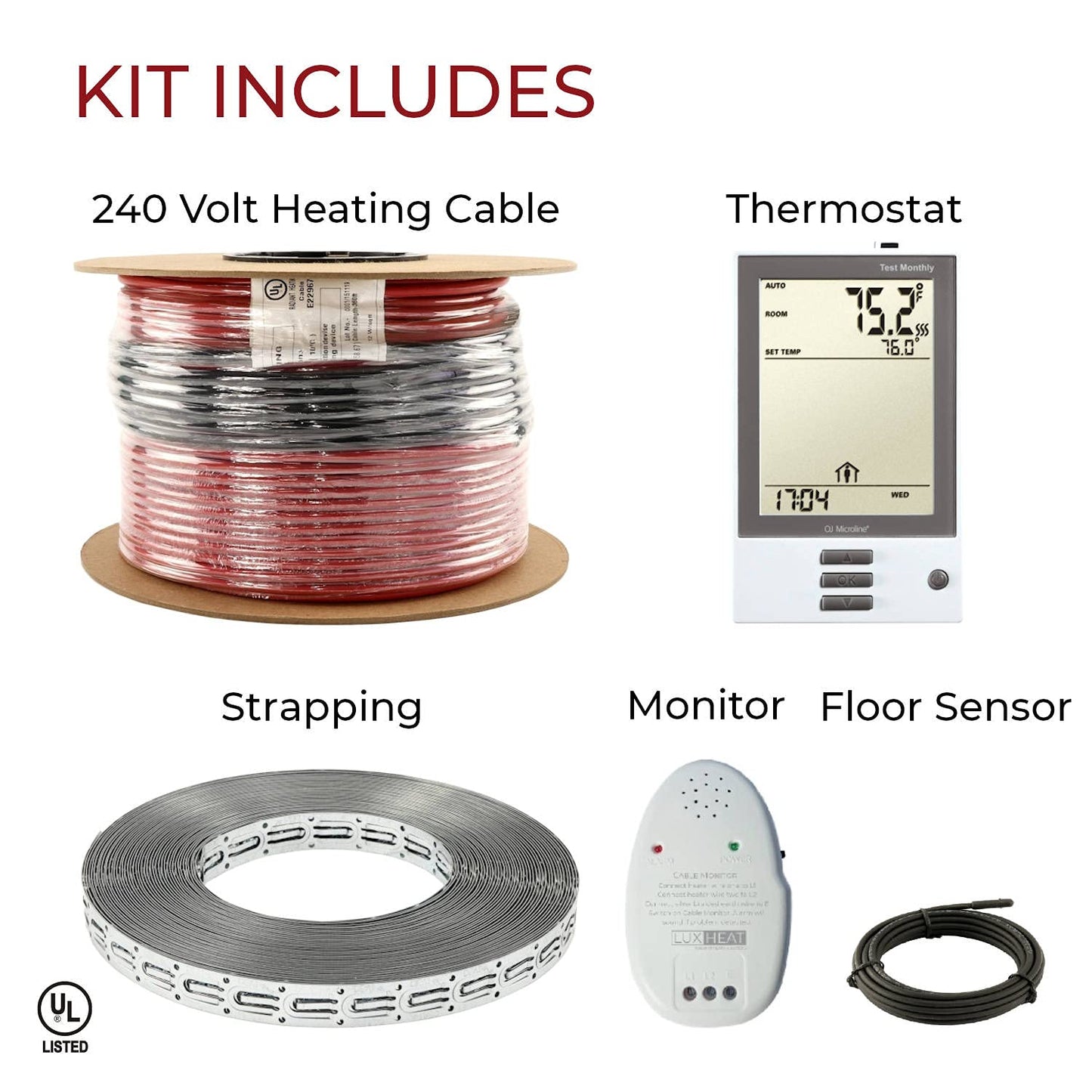 LuxHeat 200sqft Floor Heating Cable Kit - 240v Heated Bathroom Floor Kit - Heated Flooring System Includes UDG Programmable Thermostat w/GFCI, Heating Cable, Strapping, Flooring Sensor & Alarm
