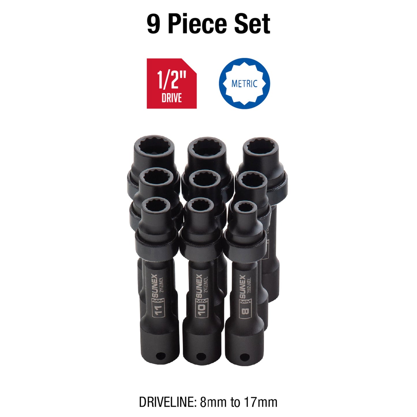 SUNEX TOOLS 2695, ½ Inch Drive Driveline Limited Clearance Socket Set, 12-Point, 9-Piece, Metric, 8mm-17mm, Cr-Mo Steel, Heavy Duty Storage Case