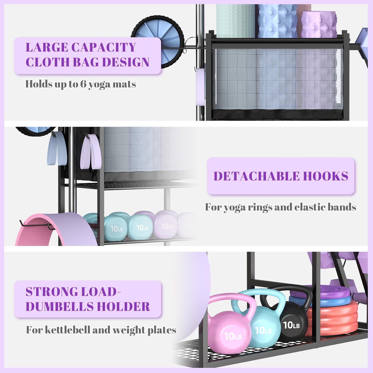 Mythinglogic Dumbbell Rack for Home Gym, Weight Rack for Dumbbells,Yoga Mat Holder for Yoga Mat and Kettlebells, Multifunctional Home Gym Storage Rack with Casters