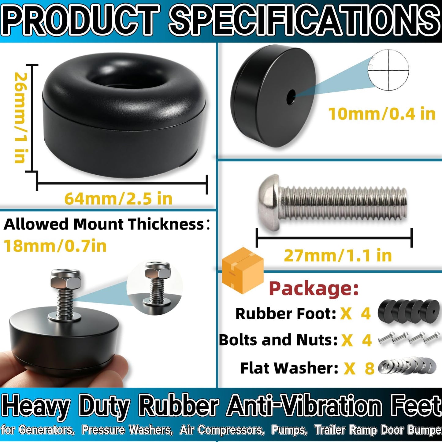 4-Pack Heavy Duty Rubber Anti-Vibration Feet &Rubber Bumpers - 1" x 2.5" Shock Absorbing Pads with Screw Kits for Generators,Pressure Washers,Air Compressors,Pumps,Trailer Ramp Door Bumpers