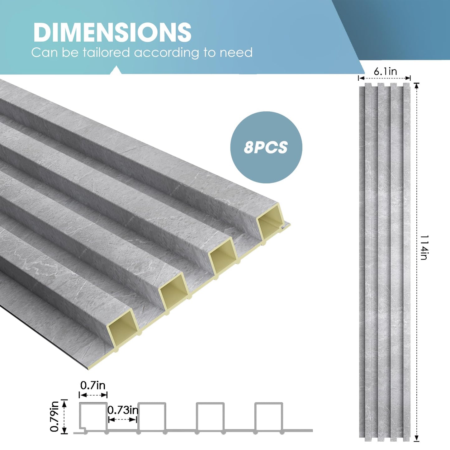 OUZUGIE WPC Acoustic Slat Wall Paneling, 8-Pack 114 x 6 Inches 3D Wall Panels for Interior Wall Decor,Living Room,TV Background,Study Room,Office Spaces,Bedroom,High Grille (Gray Marble)