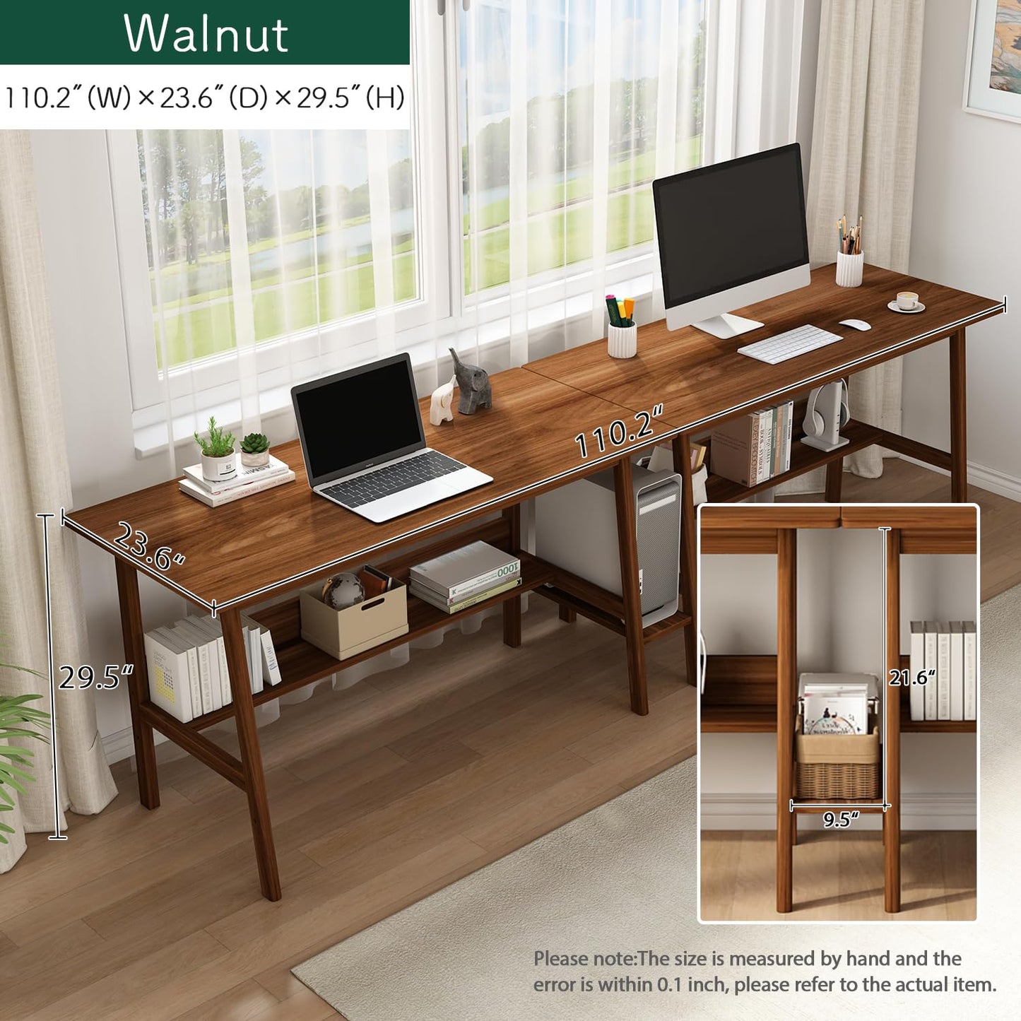 NELYE 2-Person Writing Desk with Bookshelf - 110" Wooden Extra Long Home Office Work Table, Double Study Computer Workstation with Storage Shelves in Walnut, 110" W x 24" D
