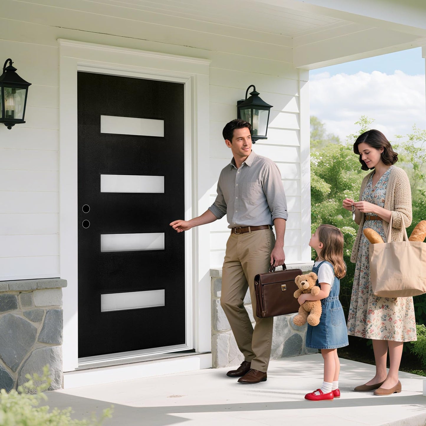Fiberglass Exterior Door 36" x 80" with Frosted Glass and Brickmould, Right-Hand Inswing Front Door, Black Finish Knock-Down with White 4-9/16’’ Vinyl Frame for Residential Use