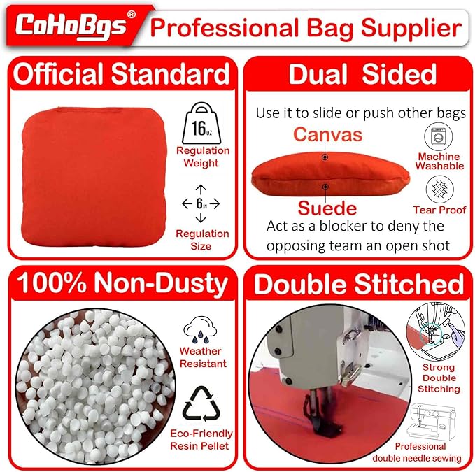 CoHoBgs Corn Hole Bags Set 8, Professional Cornhole Bags Dual-Sided Slick & Stick Resin Filled Suede and Duck Canvas Bean Bag for Cornhole Game Includes Carry Case