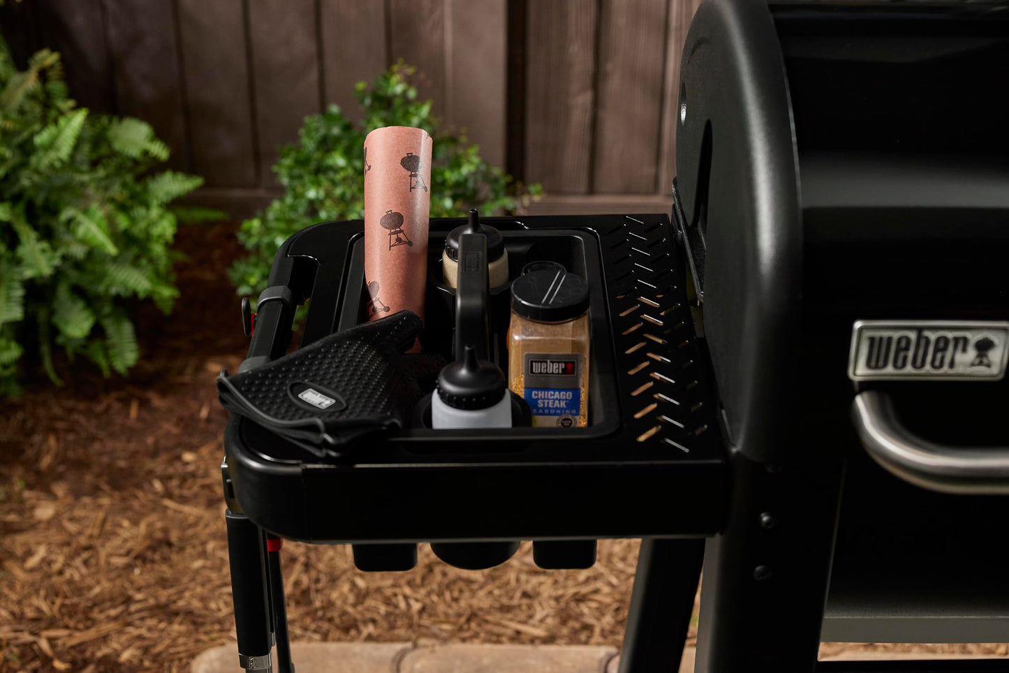 Weber Works Pellet Side Table – Durable Steel Side Table with 2‑Sided Cutting Board, Fits Searwood™ & Smoque™