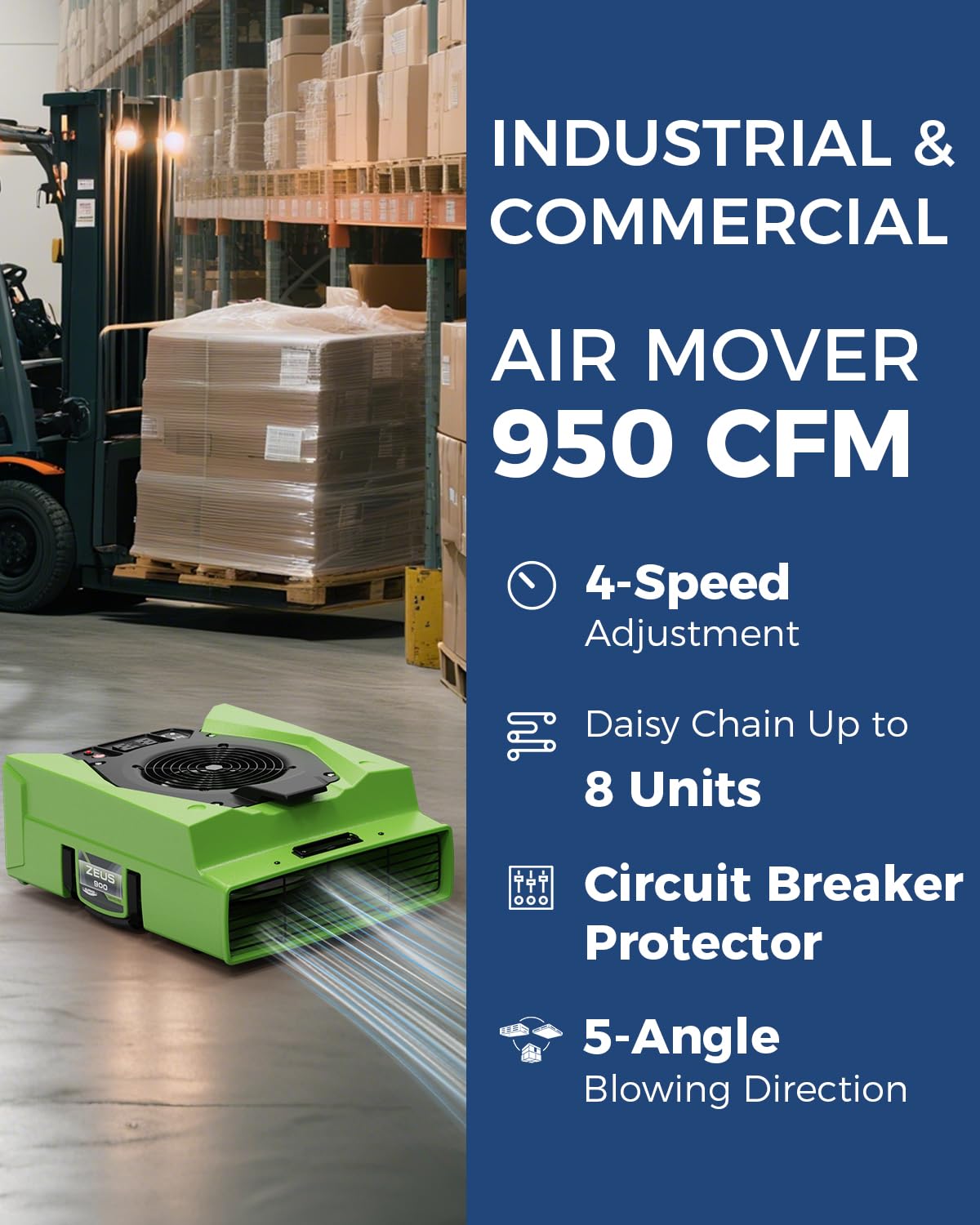 ALORAIR Air Mover,1/4 HP 950 CFM Floor Blower Fan with Dual GFCI Outlets, 4 Speeds, 5 Blower Angles & Daisy Chain - Ideal for Carpet Floor Dryer and Water Damage Restoration (Zeus 900 Green)
