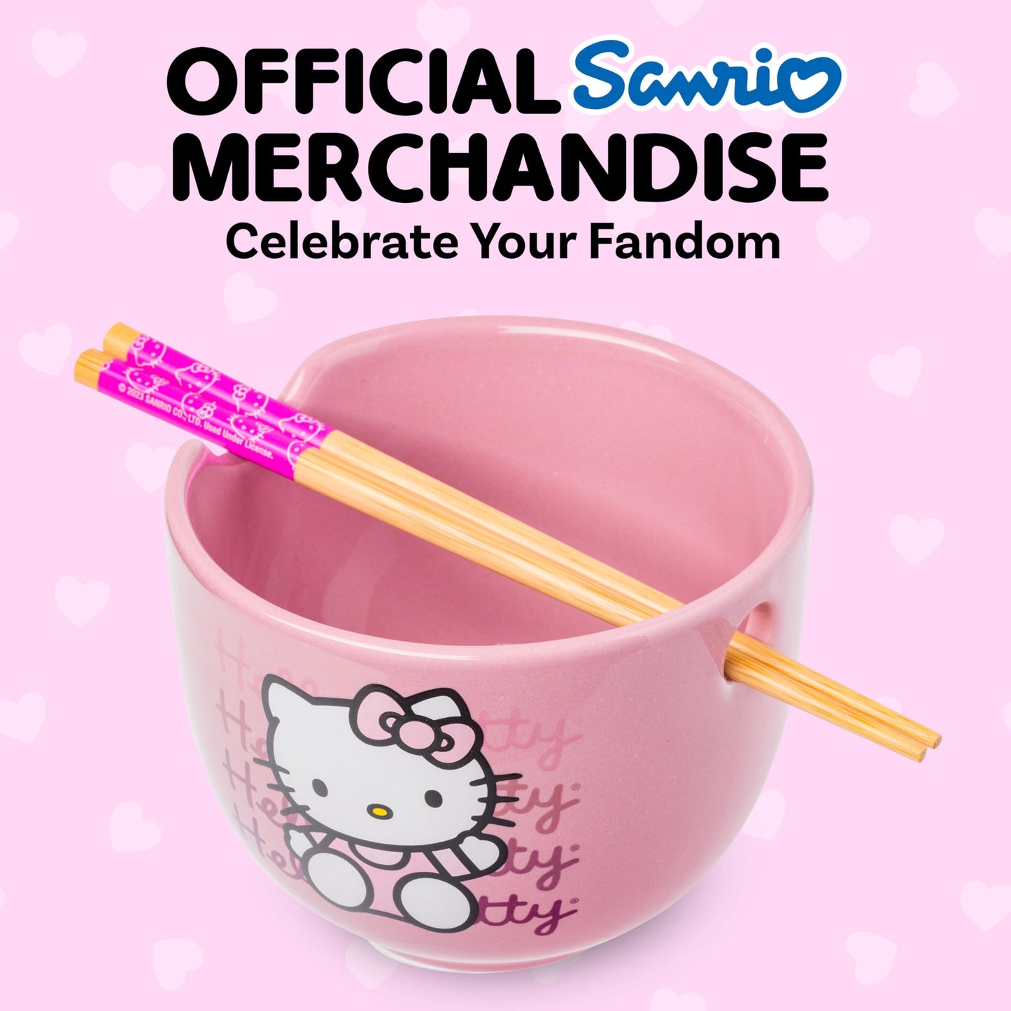 Silver Buffalo Sanrio Hello Kitty Waving Pink Ceramic Ramen Noodle Rice Bowl with Chopsticks, Microwave Safe, 20 Ounces,