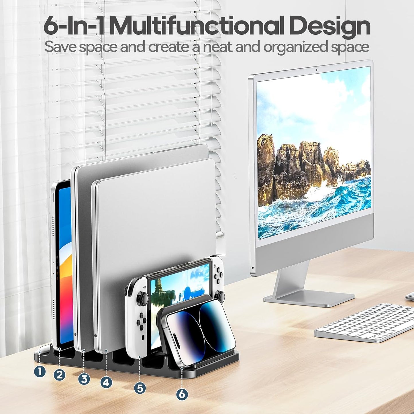 KDD 4-Slot 6-in-1 Vertical Laptop Stand with Gravity Locking, Laptop Holder Desktop Stand, Space-Saving Organizer Fits