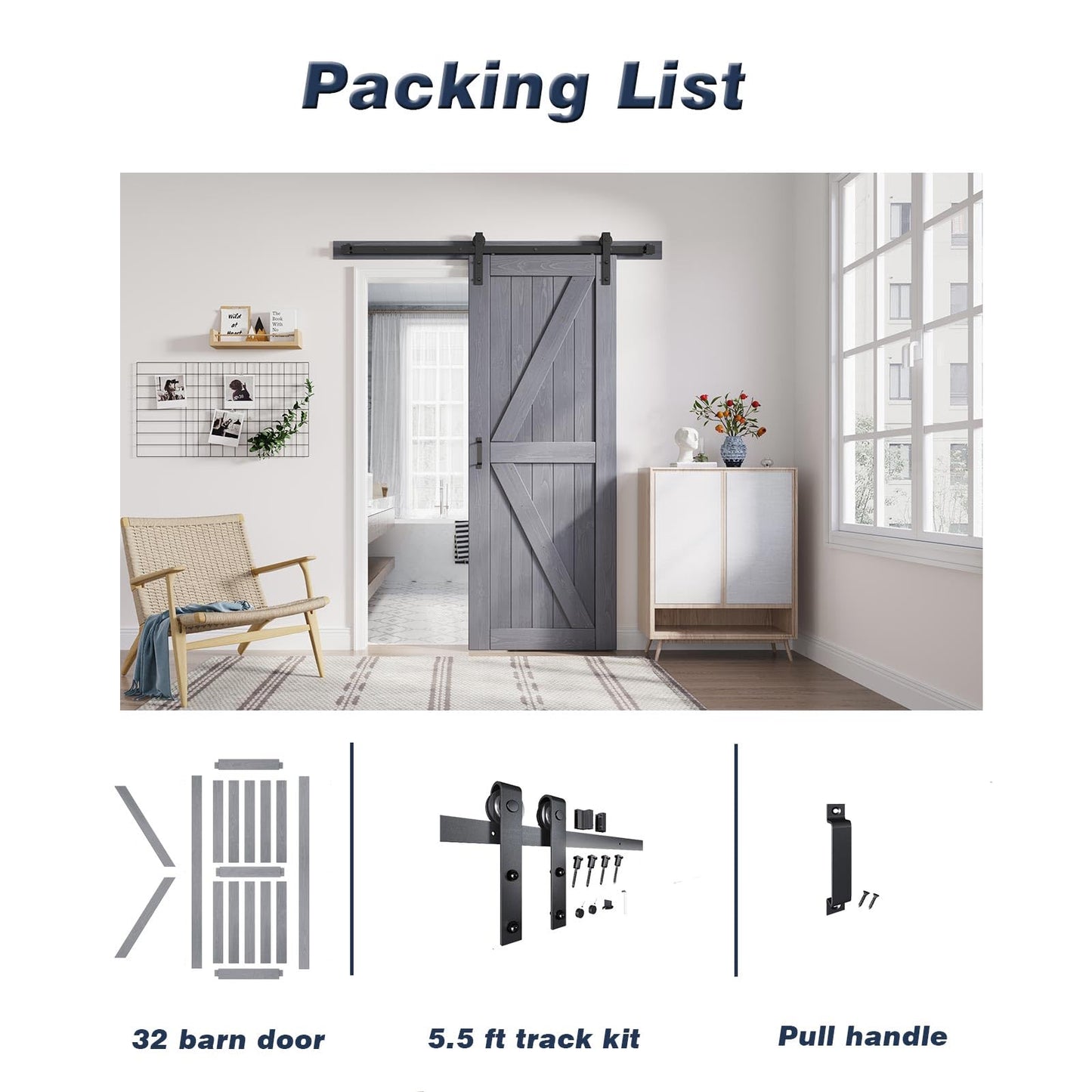FREDBECK 32in x 80in Gray Wood Barn Door Slab with 5.5ft (66inch) Barn Door Hardware Track Kit Included, Double Surfaces,Simple Assembly is Required,K-Frame,Grey