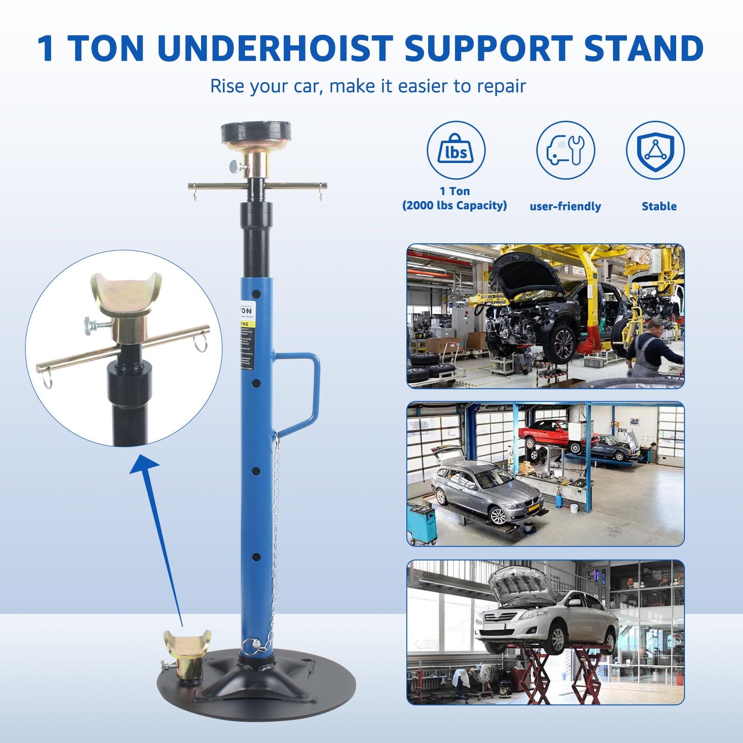 HKTE Underhoist Support Stand with Handle, 1 Ton (2,000 lbs) Capacity, 30.7"–70.8" Adjustable Height, Dual Interchangeable Tops, Under Lift & Vehicle Support Stand, US Patented Design