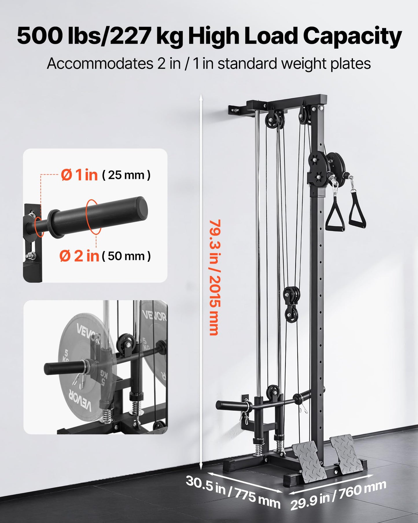 VEVOR LAT Pull Down Machine, 3-in-1 Row Cable Machine, Cable Machines Home Gym with 18-Levels Height Adjustment, Wall-Mount Design, Load 500 lbs LAT Tower for Full-Body Workouts, Single-Arm Training