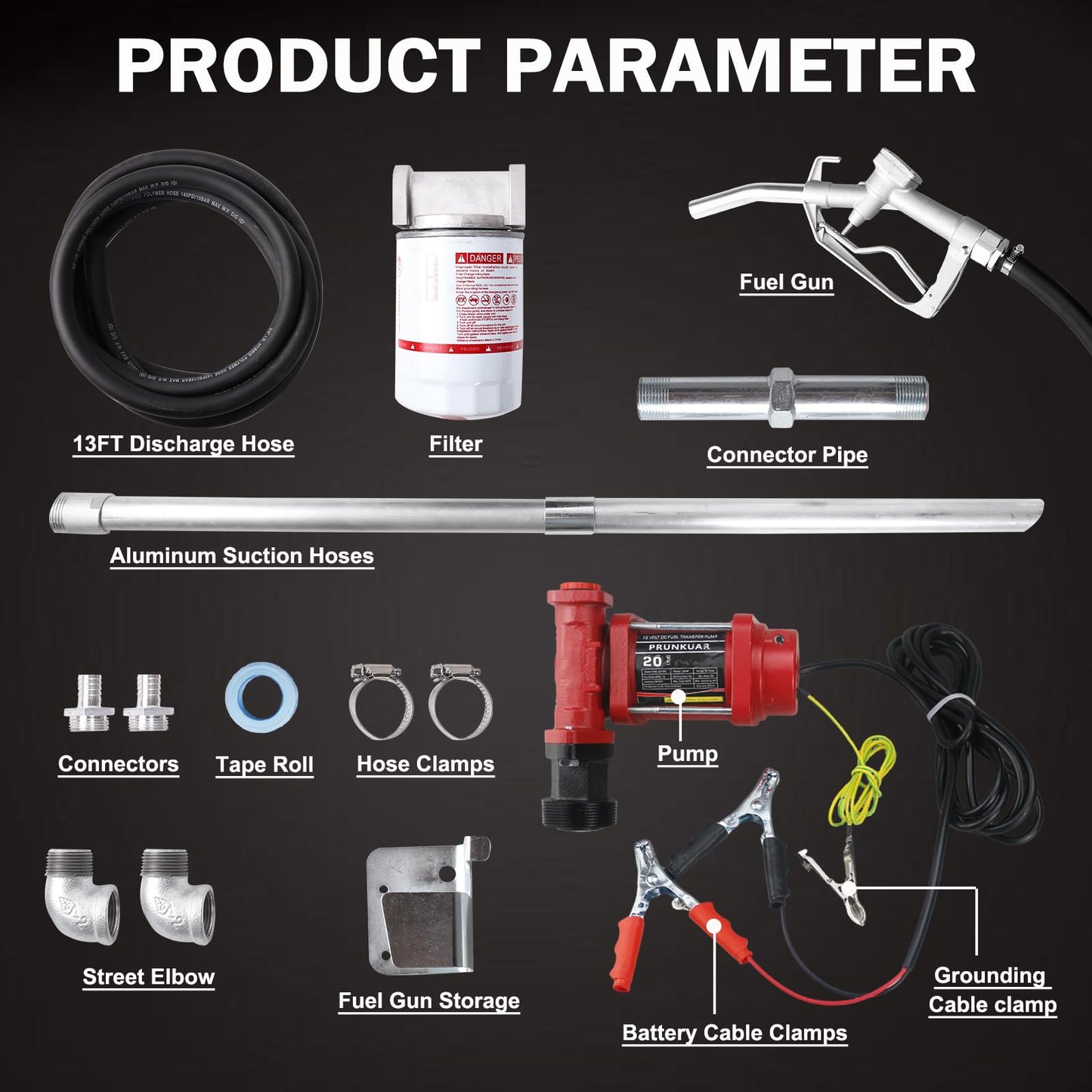 12V DC 20GPM Fuel Transfer Pump with Manual Nozzle & Hose Kit for Gasoline Diesel with Particulate Filter Red