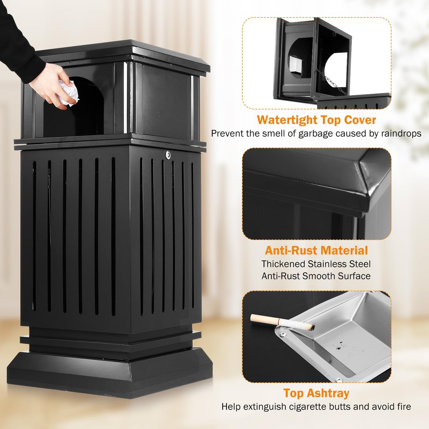 BEAMNOVA 37.4 * 17.7 * 17.7 in + 35.5 * 15.8 * 15.8 in Black Trash Can Outdoor Top Tray Stainless Steel Commercial Garbage Enclosure with Locking Lid