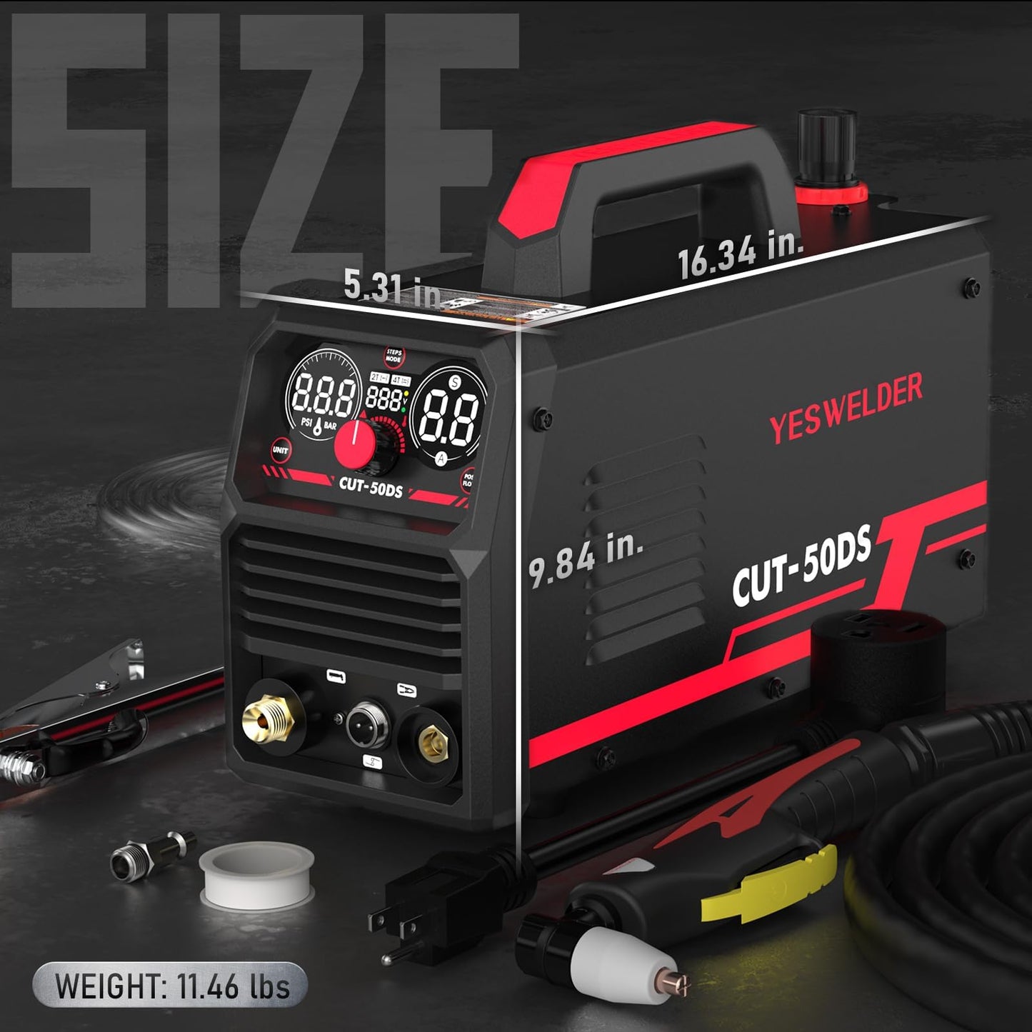 YESWELDER CUT-50DS Plasma Cutter, 50A 110V/220V Pilot Arc Digital Display Plasma Cutting Machine & 60 Pcs Plasma Cutting Consumables Fit Cut40 50 with Plasma Cutter Torch PT31 LG40