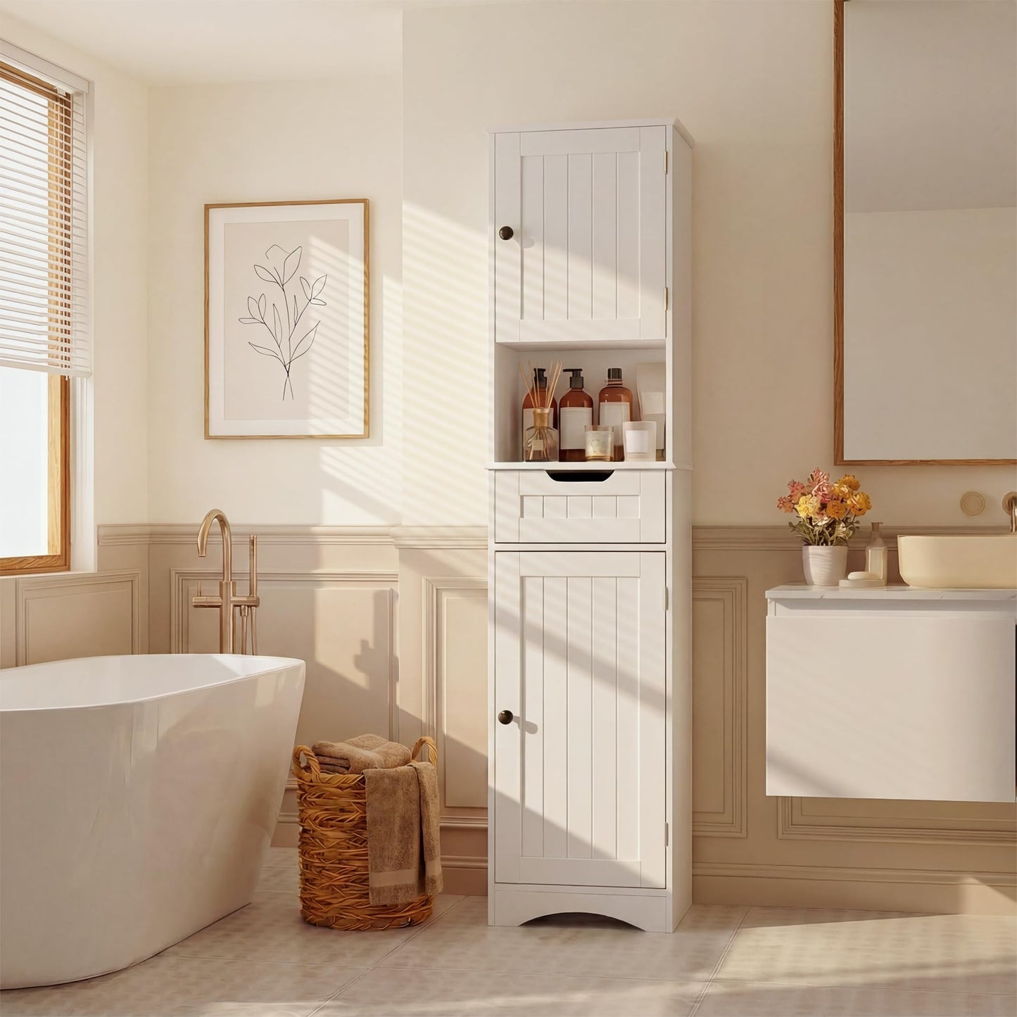 Gizoon 67" H Tall Bathroom Storage Cabinet, Narrow Storage Cabinet with 2 Doors & Drawer, Towel Cabinet with Freestanding Adjustable Shelves for Small Spaces, Kitchen, Living Room, Anti-Tipping, White