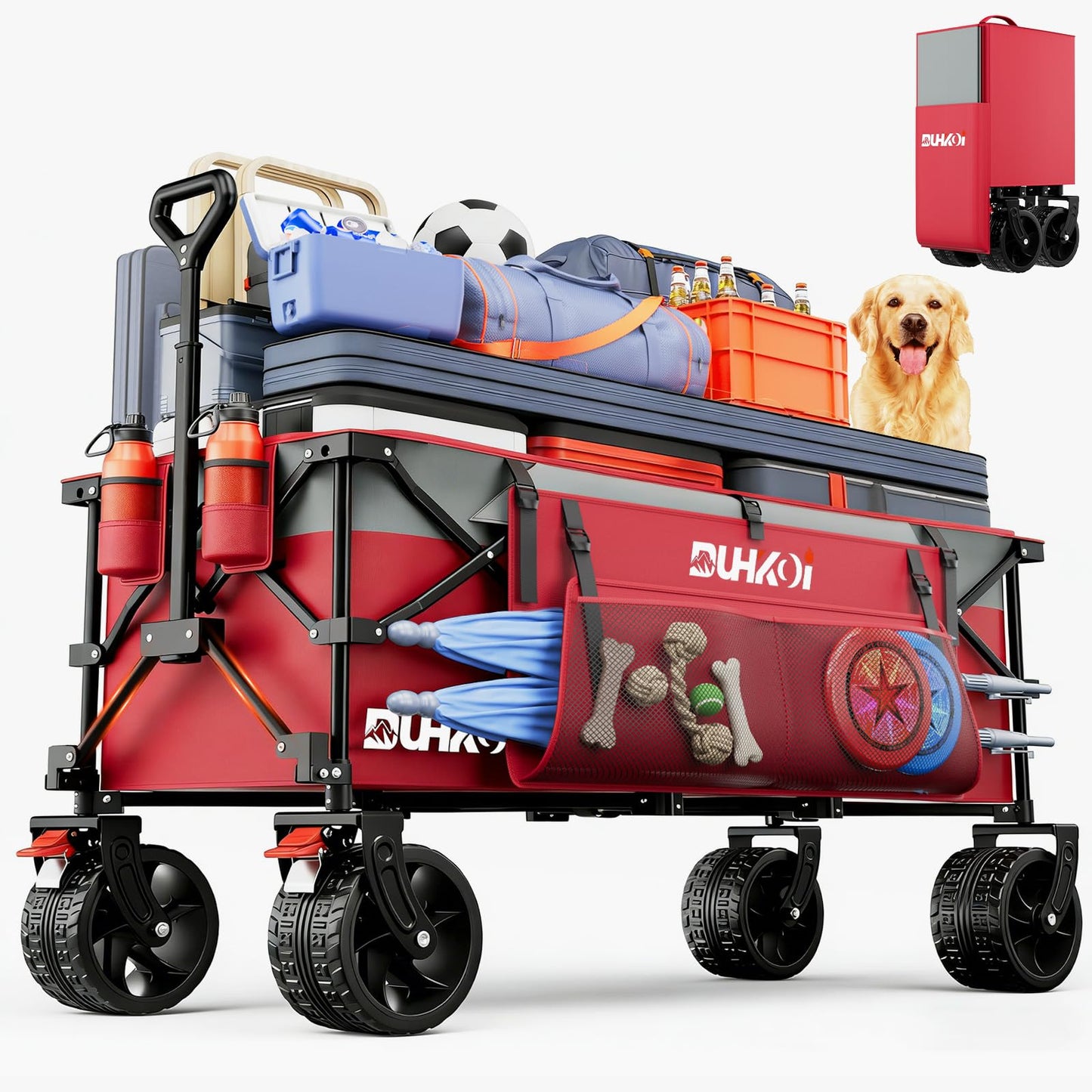 49" L Collapsible Extended Wagon with 500lbs Weight Capacity,300L Heavy Duty Sports Wagon,Big All-Terrian Wheels with Cup Holders,Cart for Sports,Grocery,Shopping,(Rosepink)