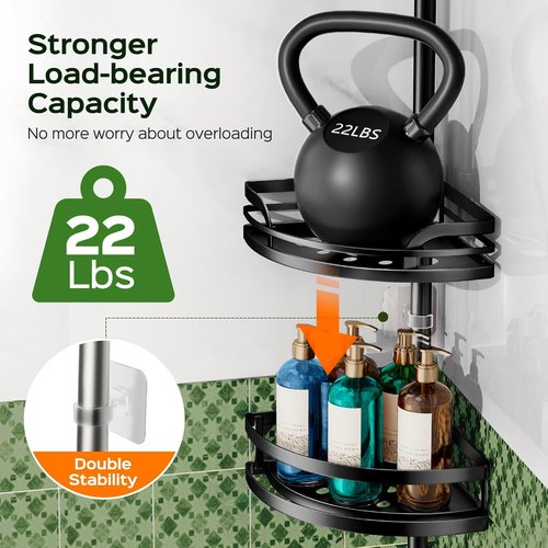HAMITOR Shower Caddy - Rustproof Adjustable Tension Pole Organizer | 47-121 Inches - Black Bathroom Shelf for Shampoo Storage