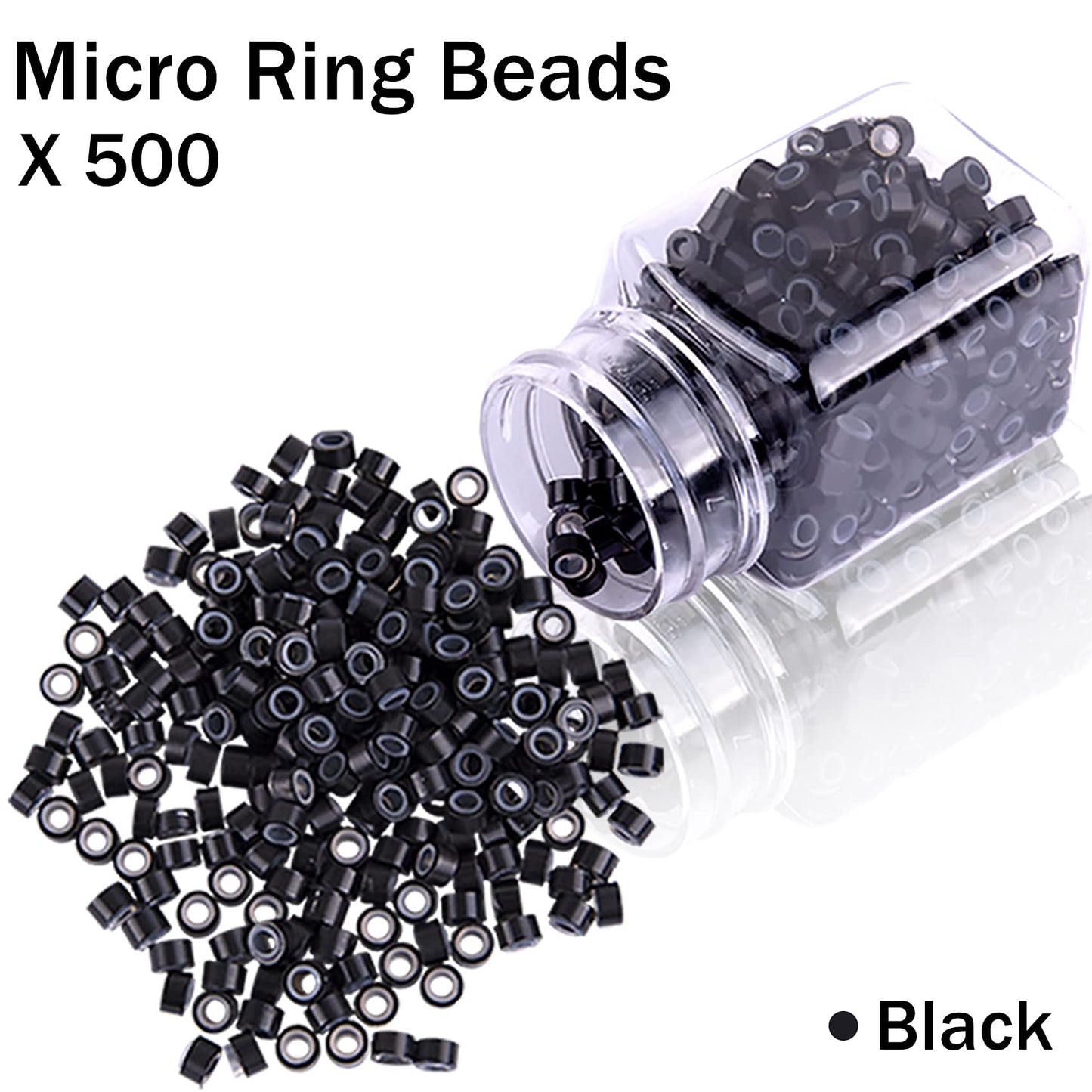 Duufin Hair Extensions Kit 500 Pcs Black Micro Ring Beads 1 Hair Extension Plier 2 Hook Needle Pulling Loop 4 Plastic Alligator Hair Clips 1 Comb and 2 Bags Black Mini Rubber Hair Elastic