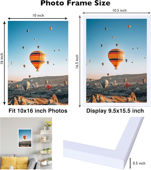 JCJMY 10x16 Picture Frame - White Wall Mount for Horizontal or Vertical Display | Shatter-Resistant Plexiglass