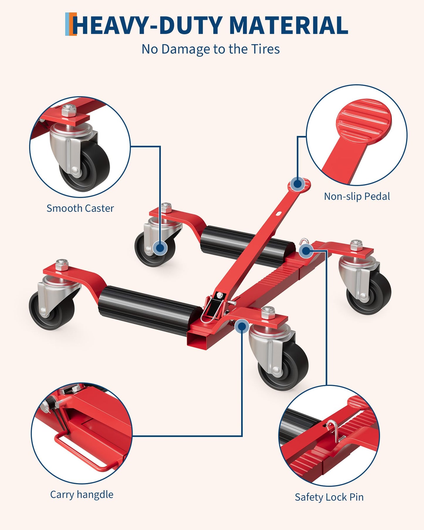 4 Pack 6000 LBS Heavy Duty Car Wheel Dolly Jack Set, Mechanical Vehicle Tire Positioning Mover with Ratcheting Foot Pedal, Auto Repair Moving Kit for Garage Workshop, Red
