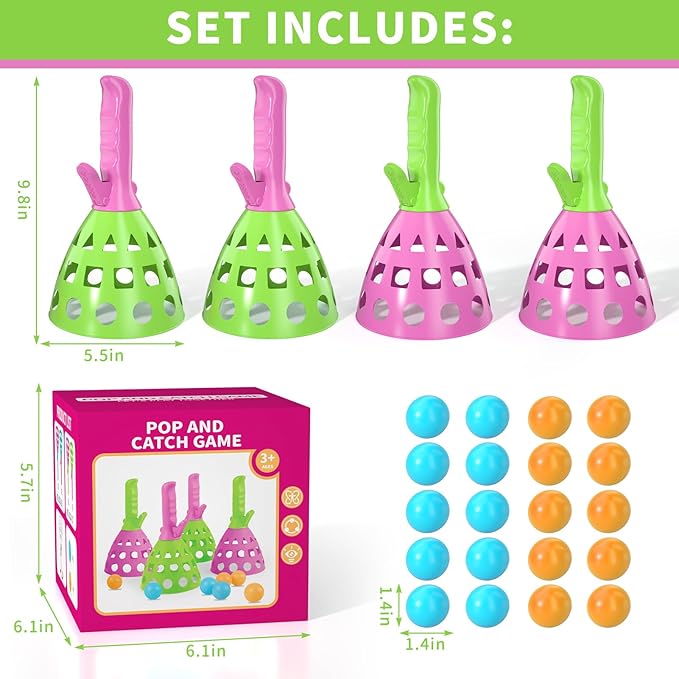 Pop Pass Catch Ball Game Set – 4 Launchers, 20 Balls, Toss and Catch Outdoor Toys for Kids Ages 3-8, Indoor Yard Beach Pool Game, Party Favor for Kids Adults