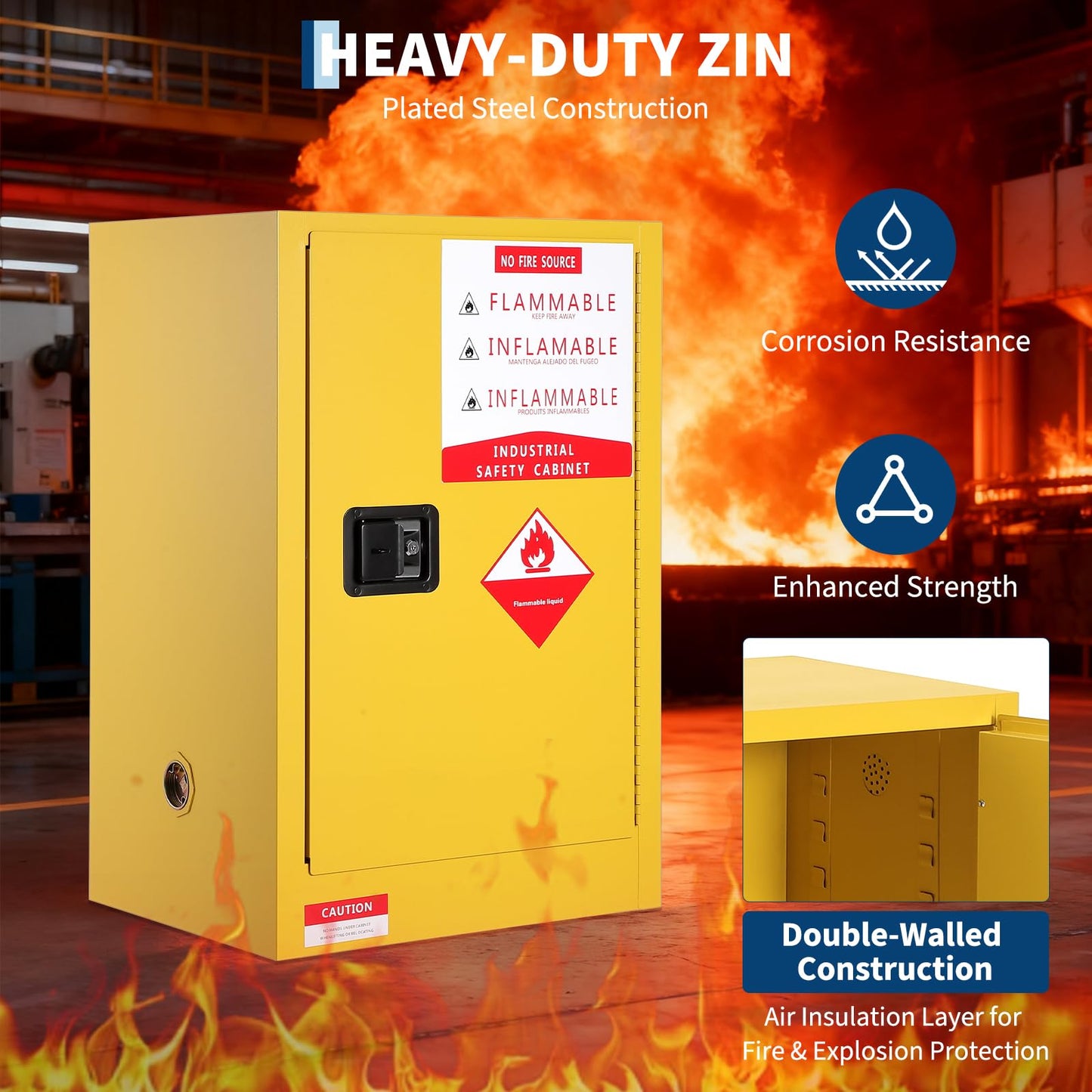 Hazardous Storage Cabinets, Flammable Cabinet, Cold-Rolled Steel Flammable Liquid Storage Cabinet Auto Closing Door for Industrial Use, Flammable Safety Cabinet, Cold-Rolled Steel Fire Resistant