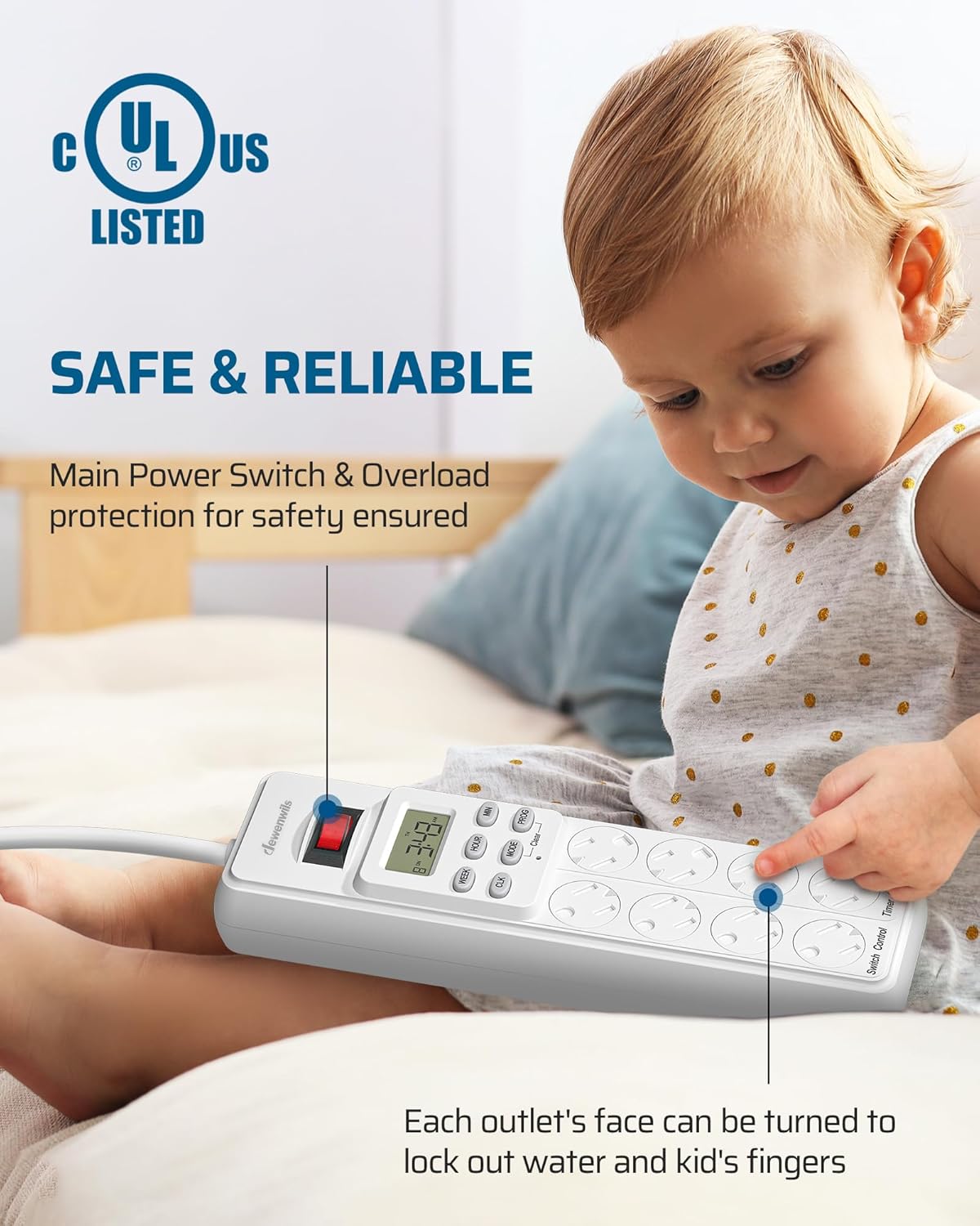 DEWENWILS 8 (4 Timed/4 6ft 15A, Outlet Power Strip with Timer Always On), Indoor Digital Outlet for Reptile Light