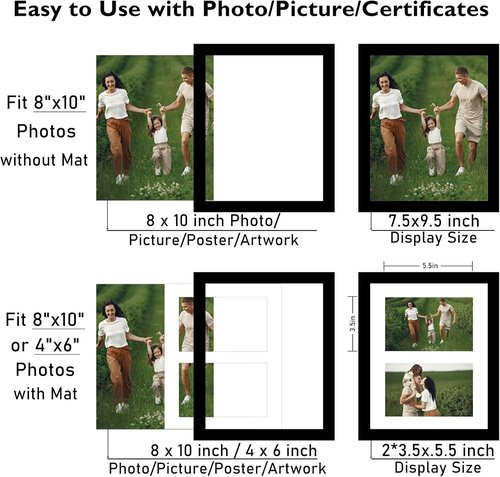 JCJMY 8x10 Picture Frame - Stylish 4x6 Collage Frame for Wall or Tabletop Display - Black