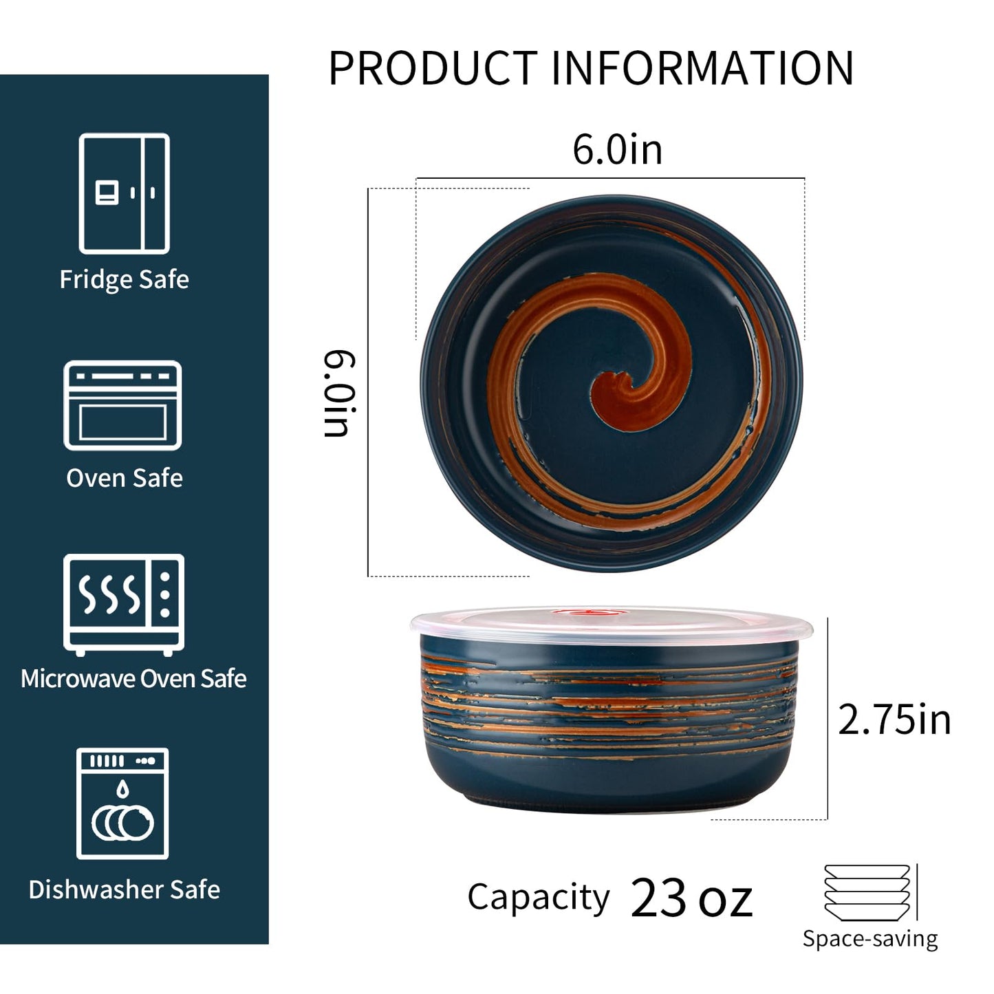 YUN TAO 23 oz Ceramic Bowls with Lids (Set of 4), 6 Inch Airtight Food Storage Containers for Kitchen, Microwave & Oven Safe - Ideal for Cereal, Soup, Salad, Pasta, Ramen