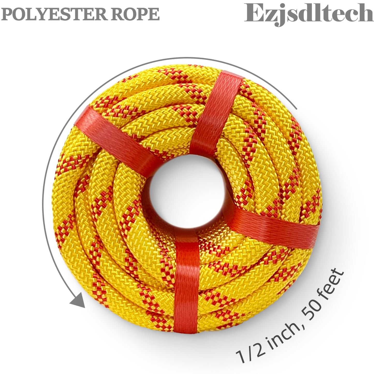 Ezjsdltech 1/2 in x 50 ft Polyester Arborist Rigging Rope, Yellow Braided Tree Climbing Rope 48 Strands for Farm Work and Swinging