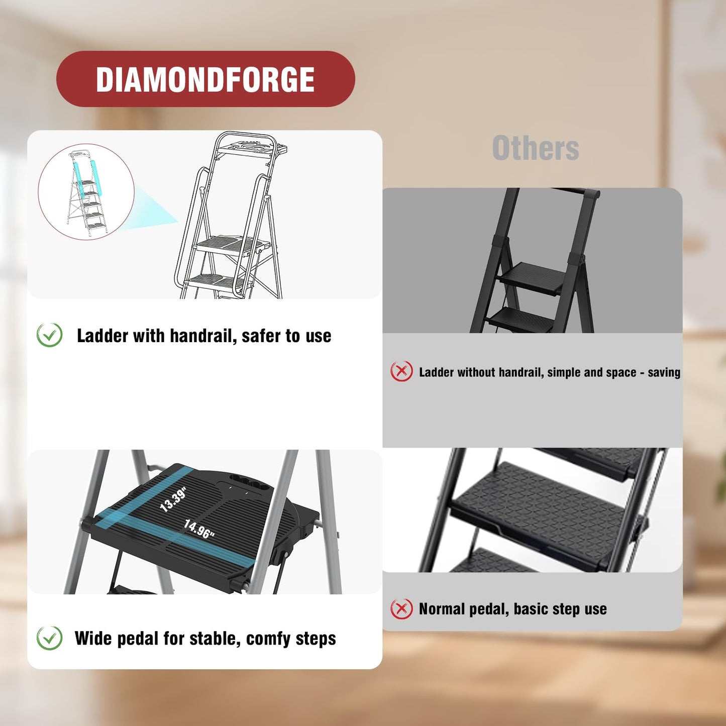 6 Step Foldable Step Ladder Stool with Roomy Tool Tray and Secure Handrail, Foldable Platform Ladder 6 Step Folding Stepstools with Wide Pedals and 800lbs Weight Capacity for Adults, Home, Kitchen