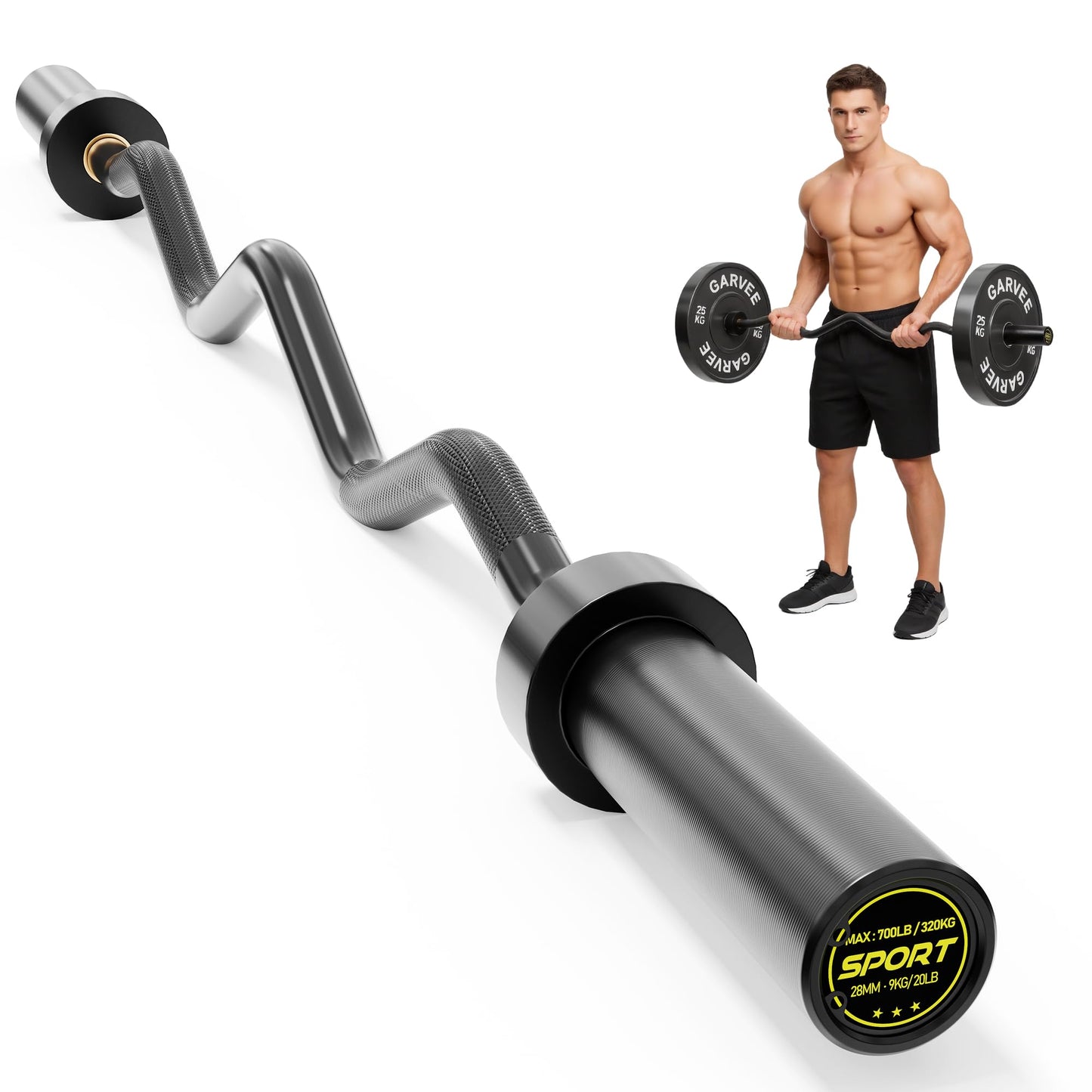 EZ Curl Barbell Bar 47" for 2-Inch Plates – Olympic Curl Bar for Bicep, Tricep, Hip Thrusts, Squat, Home Gym – 700lb Weight Capacity, Anti-Slip Diamond Knurling & Ergonomic Curved