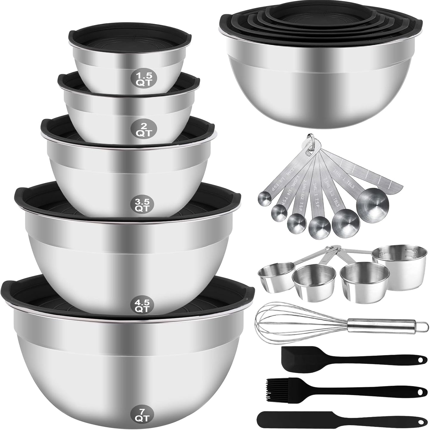 WEPSEN Mixing Bowls Set - 25PCS Stainless Steel Bowls with Lids | Large Nesting Sizes 1.5QT to 7QT