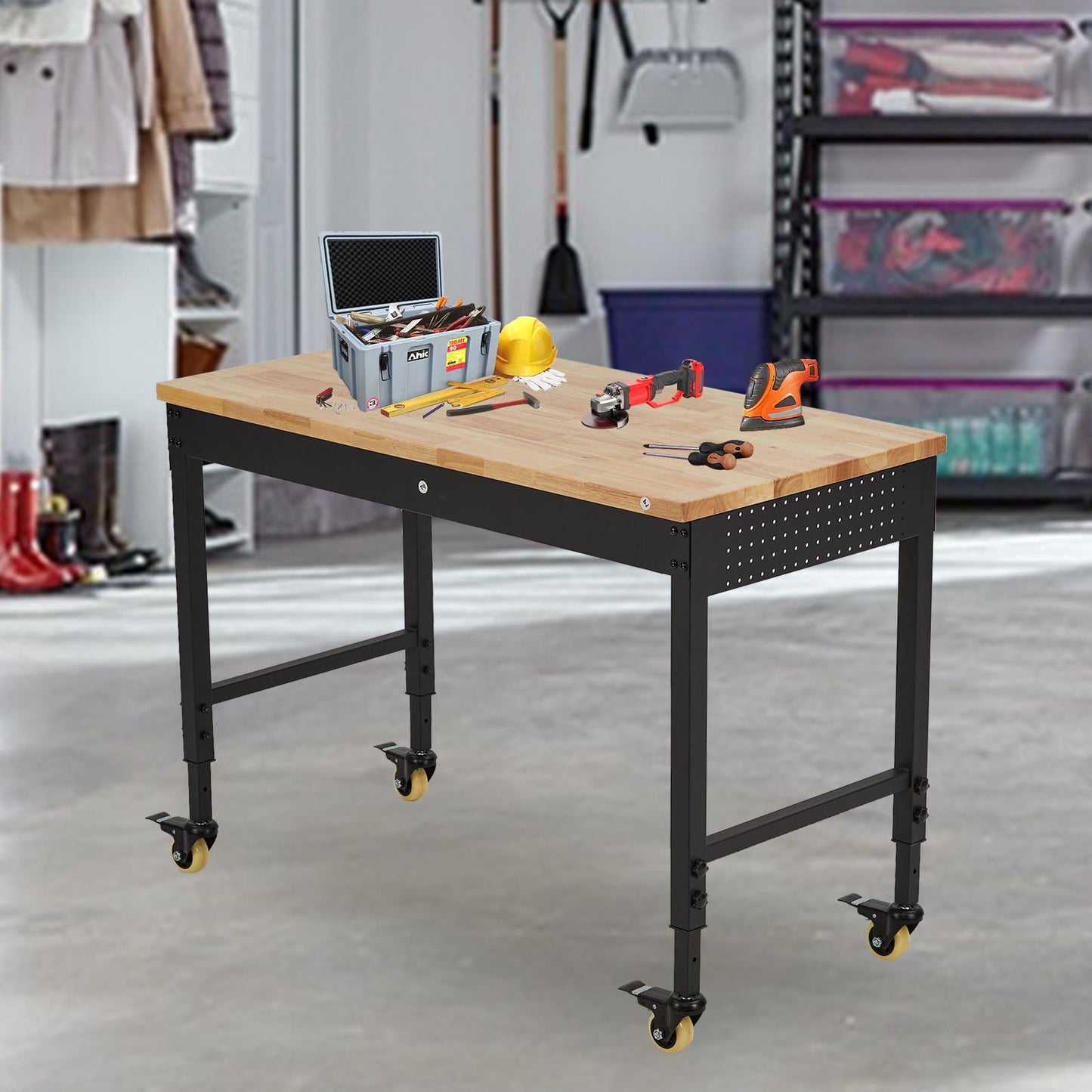 ACONEE 48" Adjustable Workbench, Heavy Duty Workstation 2000 LB Load Capacity, Rubber Wood Top Workstation with Drawer & 4 Rolling Casters, Power Outlets, Metal Frame, Workbench for Workshop Garage