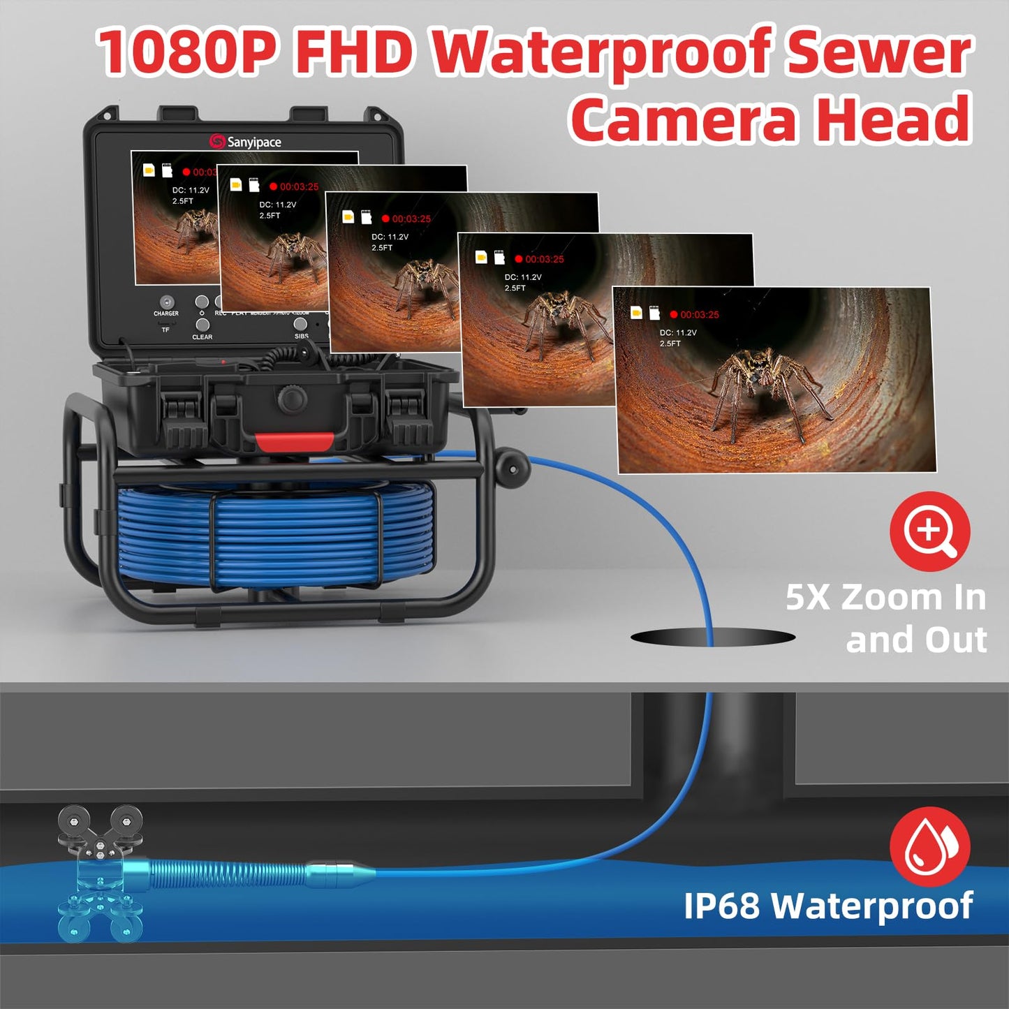 Sanyipace Drain Camera with Locator, Self-Leveling Sewer Camera with 512Hz Transmitter, Distance Counter, 5X Zoom, 4500mAh Battery, 165FT/50M Waterproof Pipe Camera for Plumbing Duct Home Inspection