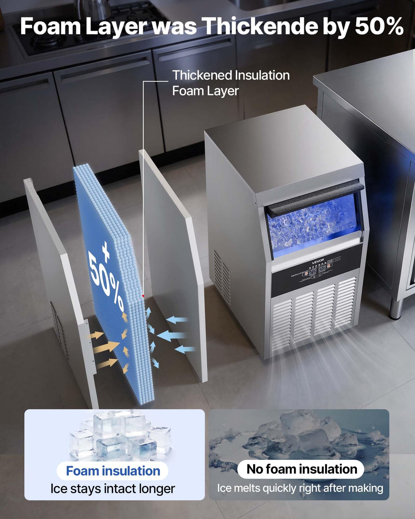VEVOR Commercial Ice Maker Machine, 130 lbs/24h with 30 lbs Storage Capacity, Built-in/Freestanding/Under Counter, Stainless Steel Ice Maker with LED Display & Self-Cleaning, for Home Bar Restaurant