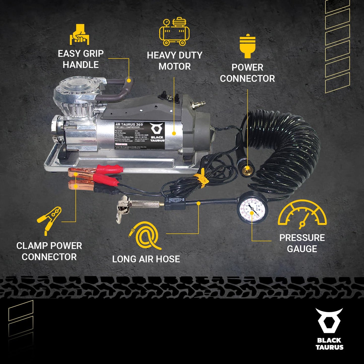 Black Taurus Portable Air Compressor - 12V Air Compressor / 24V 150 PSI for Car, Truck & 4x4, Dual Motor Heavy Duty Tire Inflator, Tire Inflator with Gauge, Long Air Hose - Air Compressor 369