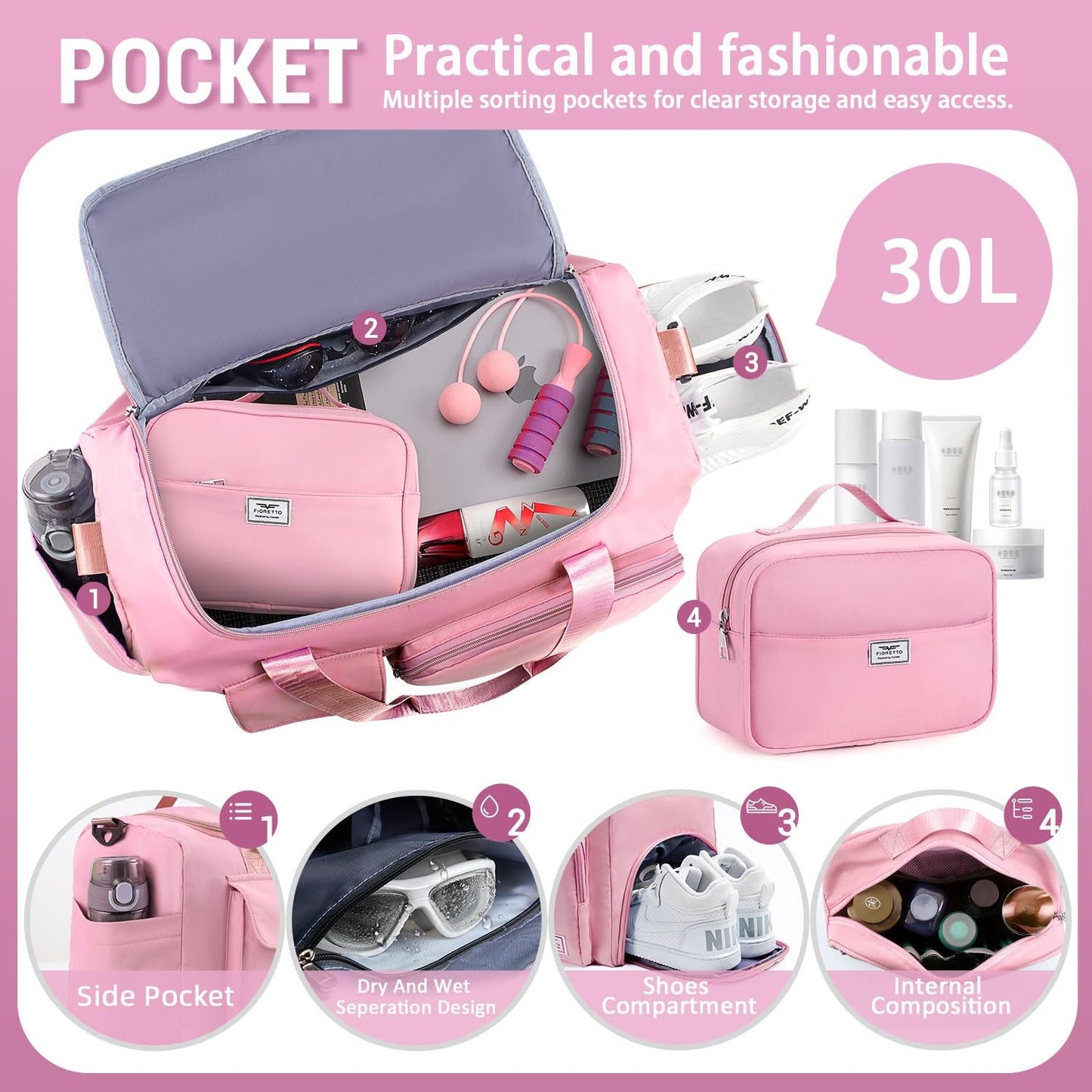 FIORETTO Women's Gym Duffle Bag with Shoes Compartment, 30L Capacity, Ideal for Travel, Gym, Sports, Duffel, Weekender, with Toiletry Bag, Pink
