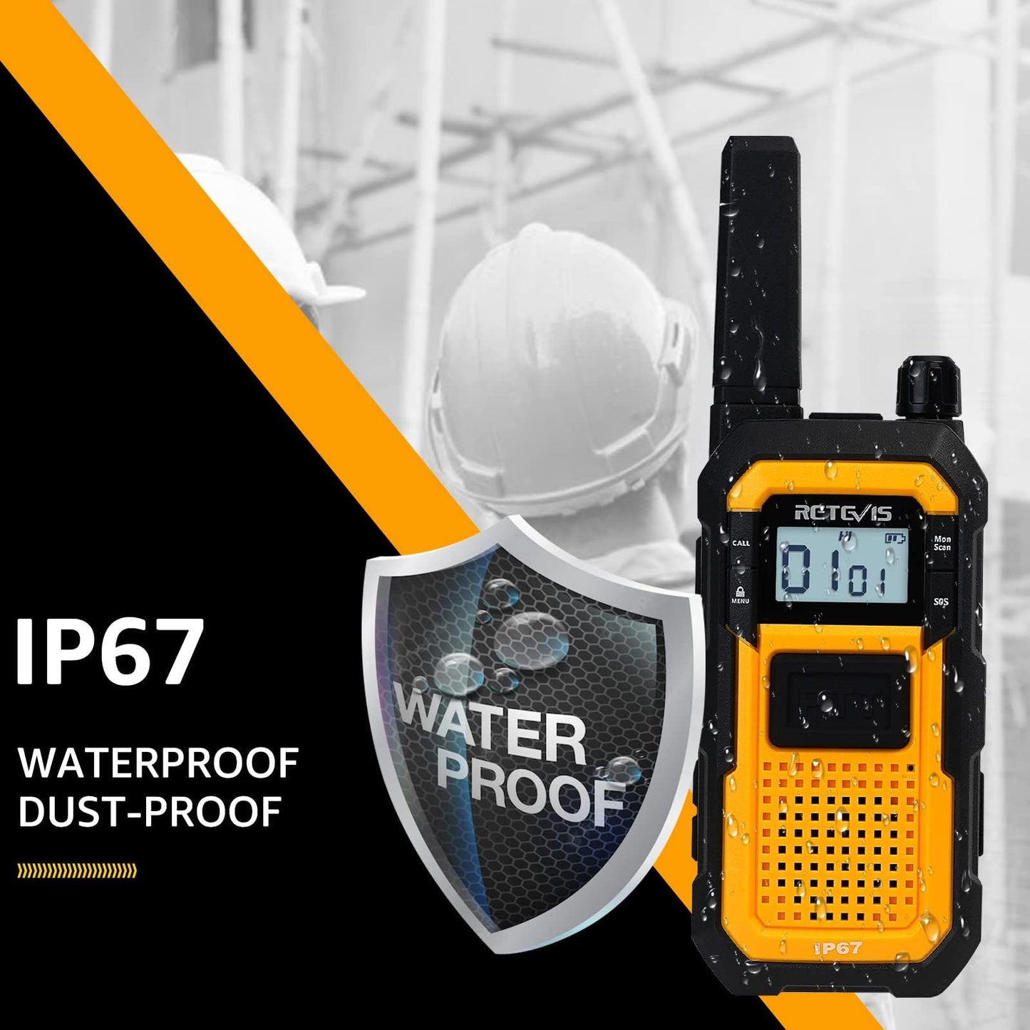 Retevis RB48 IP67 Waterproof Walkie Talkies Long Range, MIL-STD-810H Heavy Duty Two Way Radio, Rugged & Large Front PTT, Vibration Alert, NOAA, Floating, for Construction Job Site (4 Pack) Yellow
