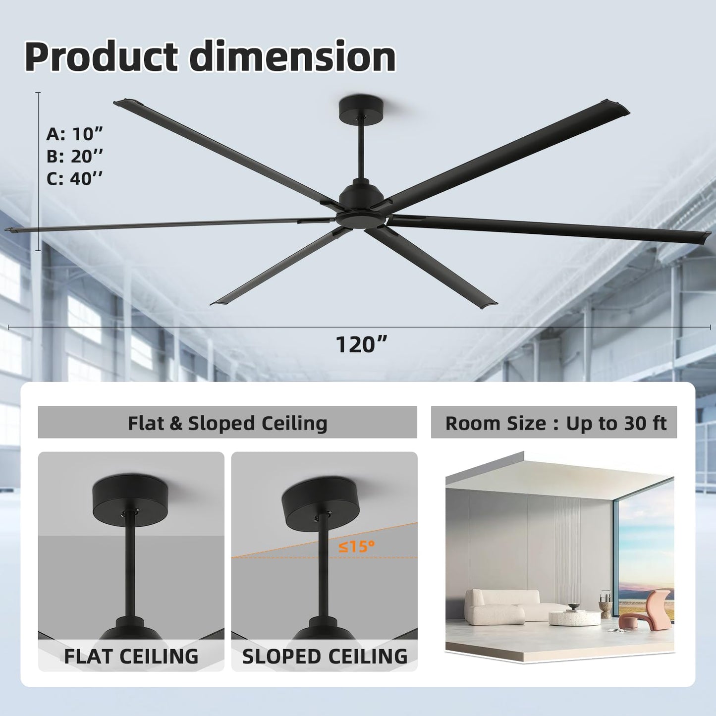 120 Inch Large Ceiling Fan, HVLS Commercial Fan with DC Reversible Motor, 6-Speed Industrial Fans Heavy Duty, Aluminum Blades, Timer, 10/20/40 Inch Downrods for Shop/Gym/Warehouse/Barn (120 inch)