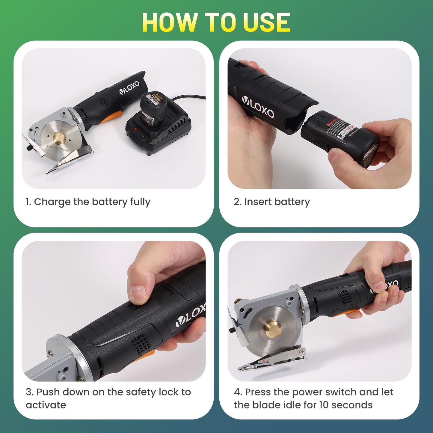 VLOXO Electric Rotary Fabric Scissors Cordless Power Fabric Cutter Rechargeable Electric Scissors for Leather with Safety Lock Multi-Layer Cutter for Carpet Canvas Cotton Include Case Black